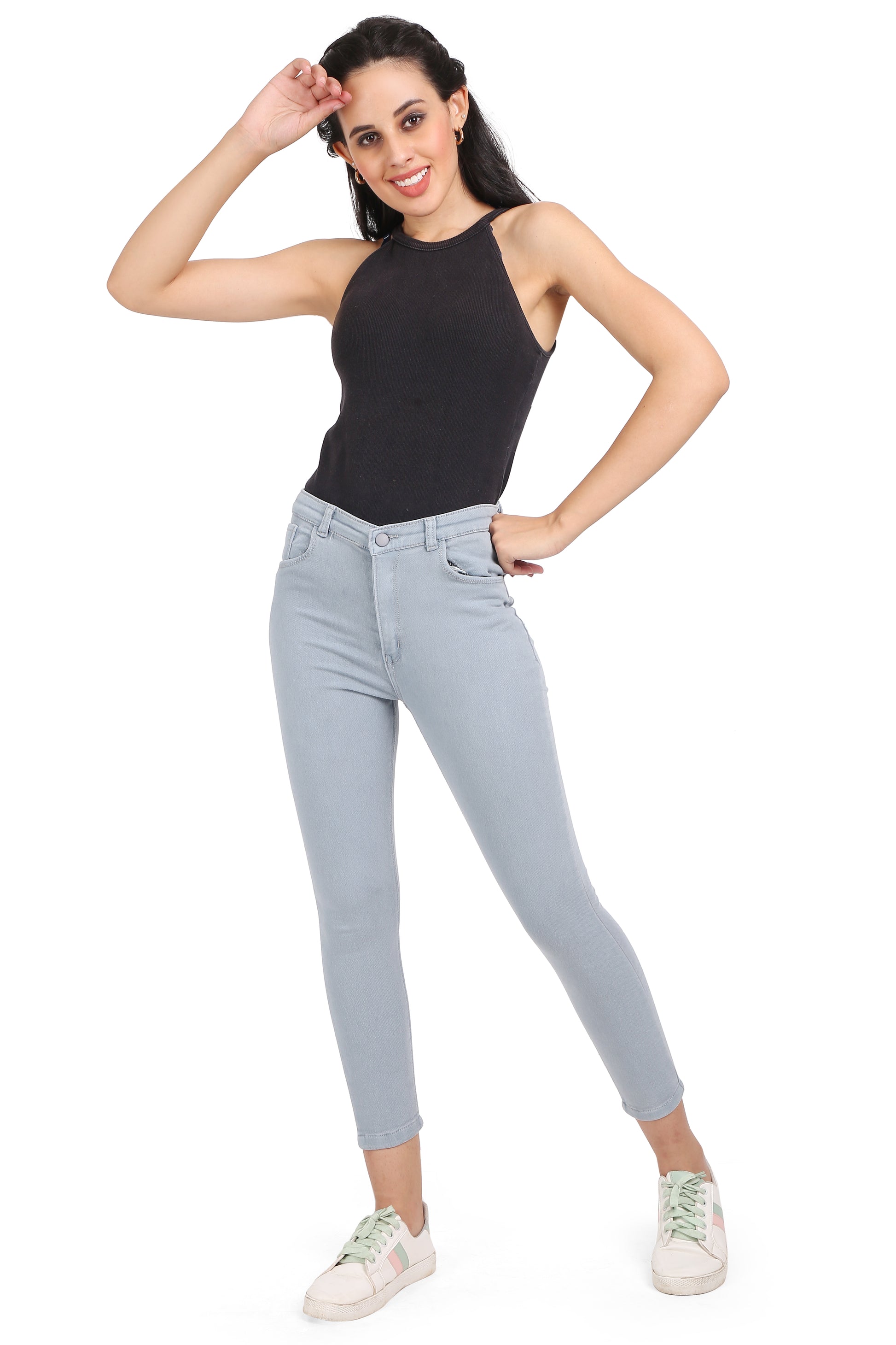 Full-length view of a model wearing Cefalu®️ Women’s Gray Skinny Jeans, displaying the flattering fit and stylish design.