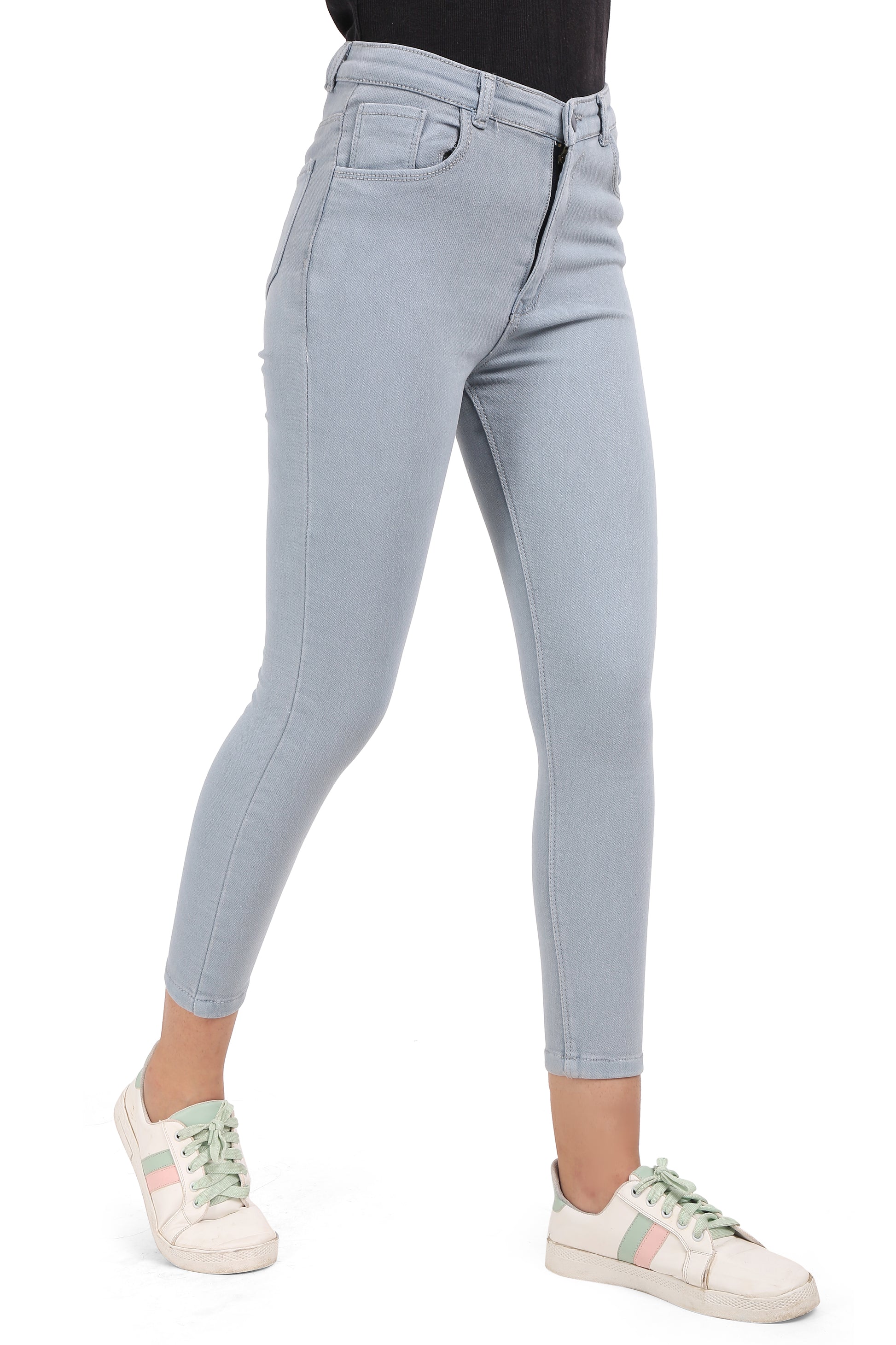 Side view of Cefalu®️ Women’s Gray Skinny Jeans, emphasizing the mid-rise waist, the coin pocket detail, and the skinny fit.