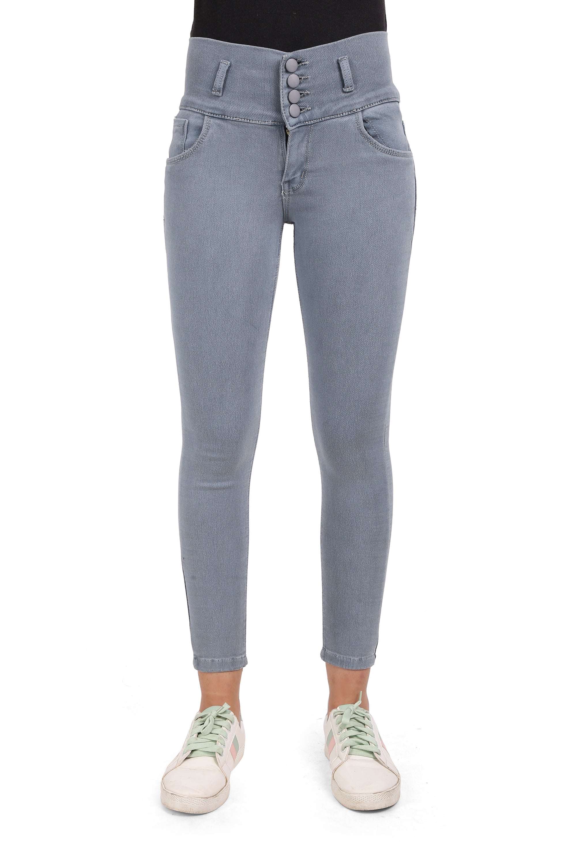 Front view of Cefalu®️ Women's Dark Gray Skinny Jeans, featuring a 4-button closure and high waist design.