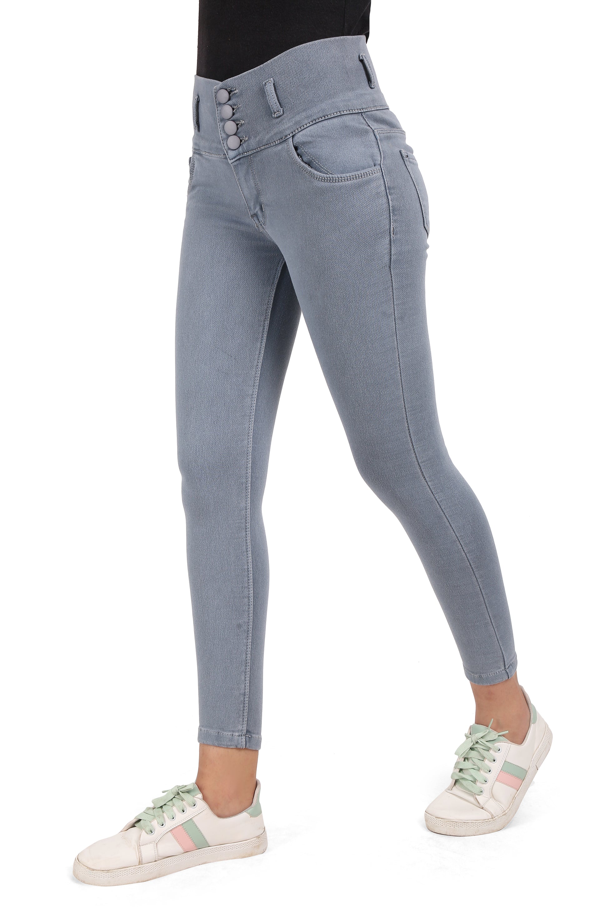 Side view of Cefalu®️ Women's Dark Gray Skinny Jeans, emphasizing the slim profile and high waist.