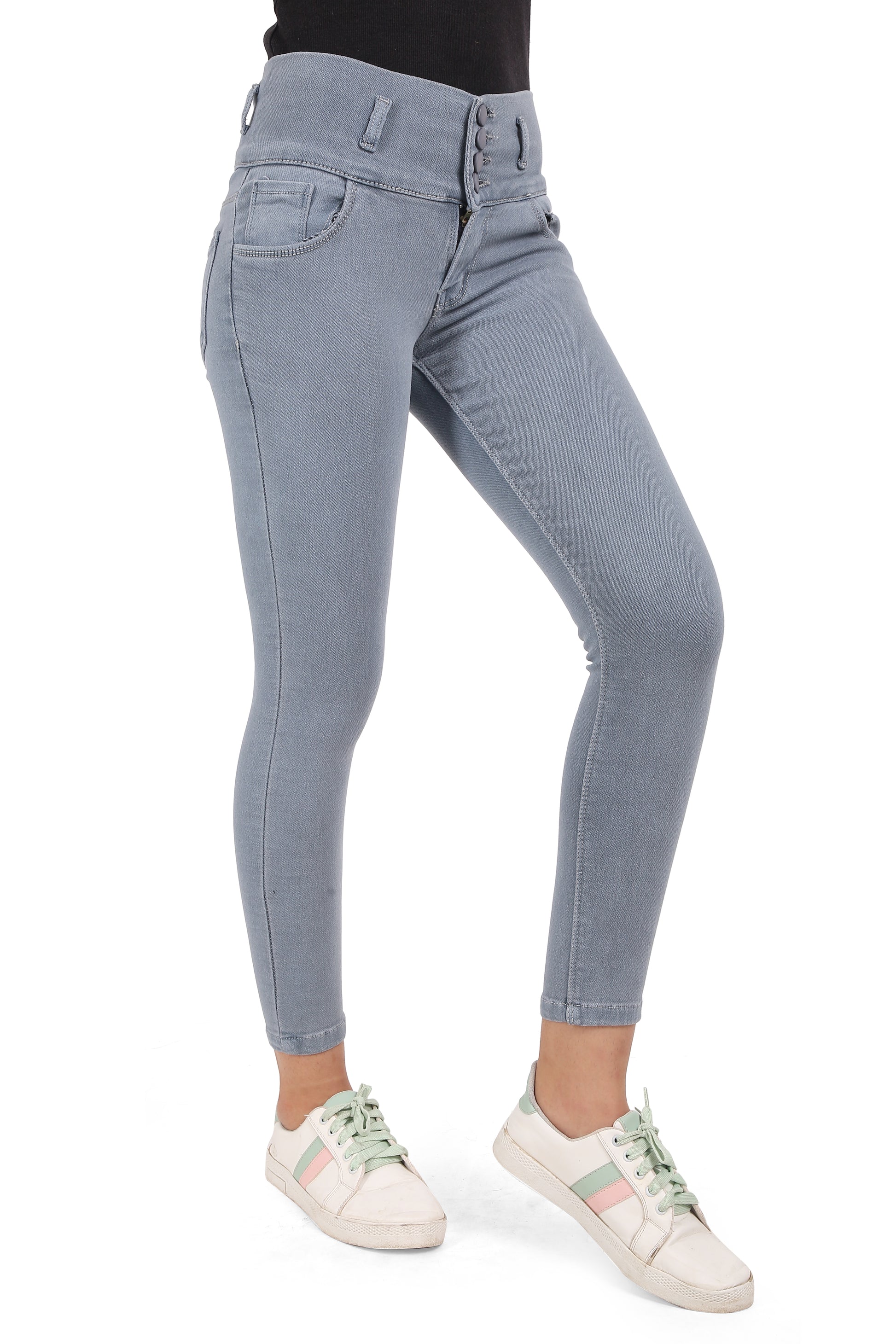 Side view of the coin pocket on Cefalu®️ Women's Dark Gray Skinny Jeans, highlighting the unique curved design and high-quality stitching.