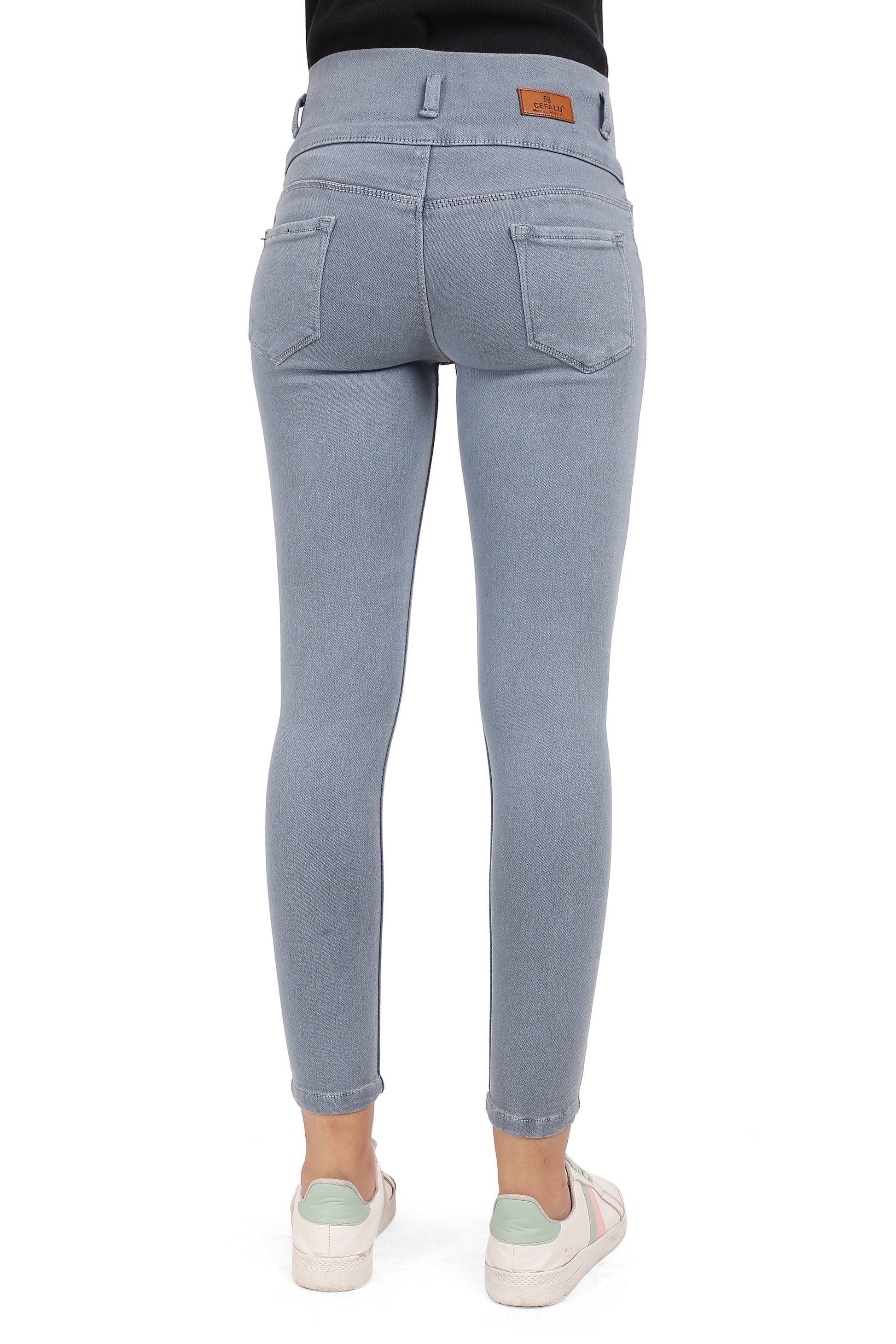 Back view of Cefalu®️ Women's Dark Gray Skinny Jeans, showing the curved pockets and slim fit.