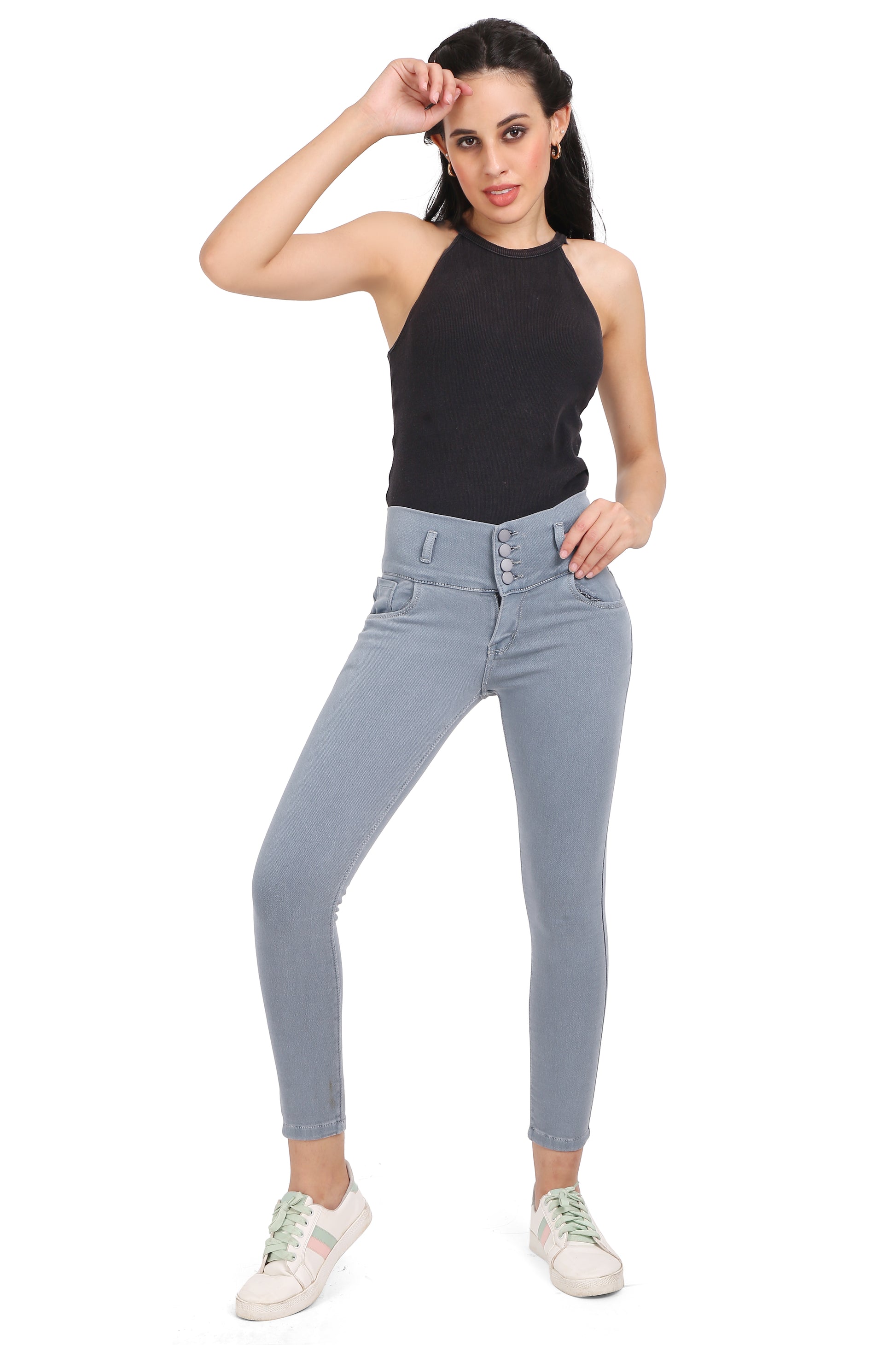 Full-length view of a model wearing Cefalu®️ Women’s Grey Skinny Jeans, demonstrating the flattering fit and contemporary design.