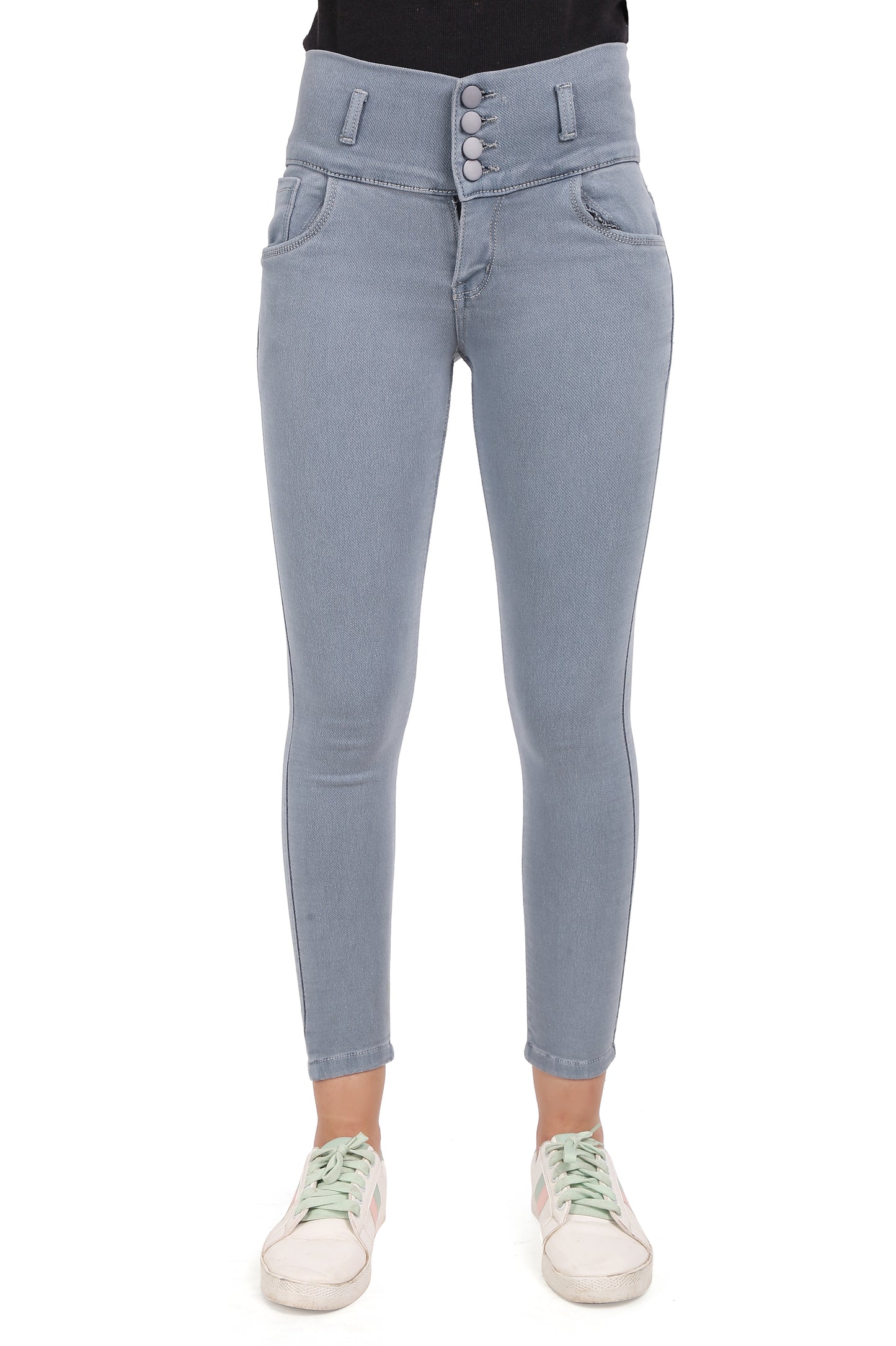 Front view of Cefalu®️ Women’s Grey Skinny Jeans, featuring a mid-rise waist and a stylish four-button closure.