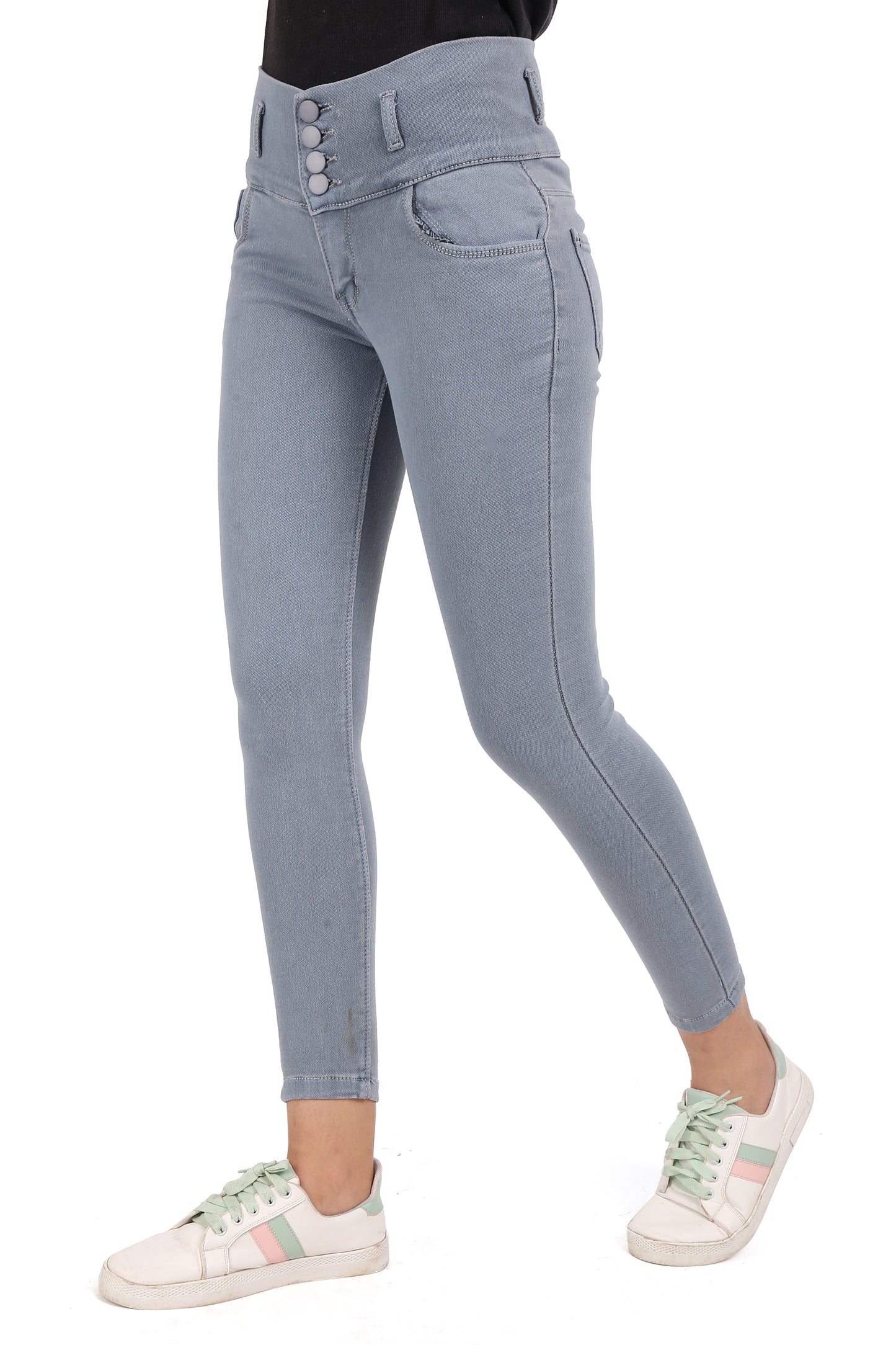 Side view of Cefalu®️ Women’s Grey Skinny Jeans, highlighting the skinny fit and smooth silhouette.