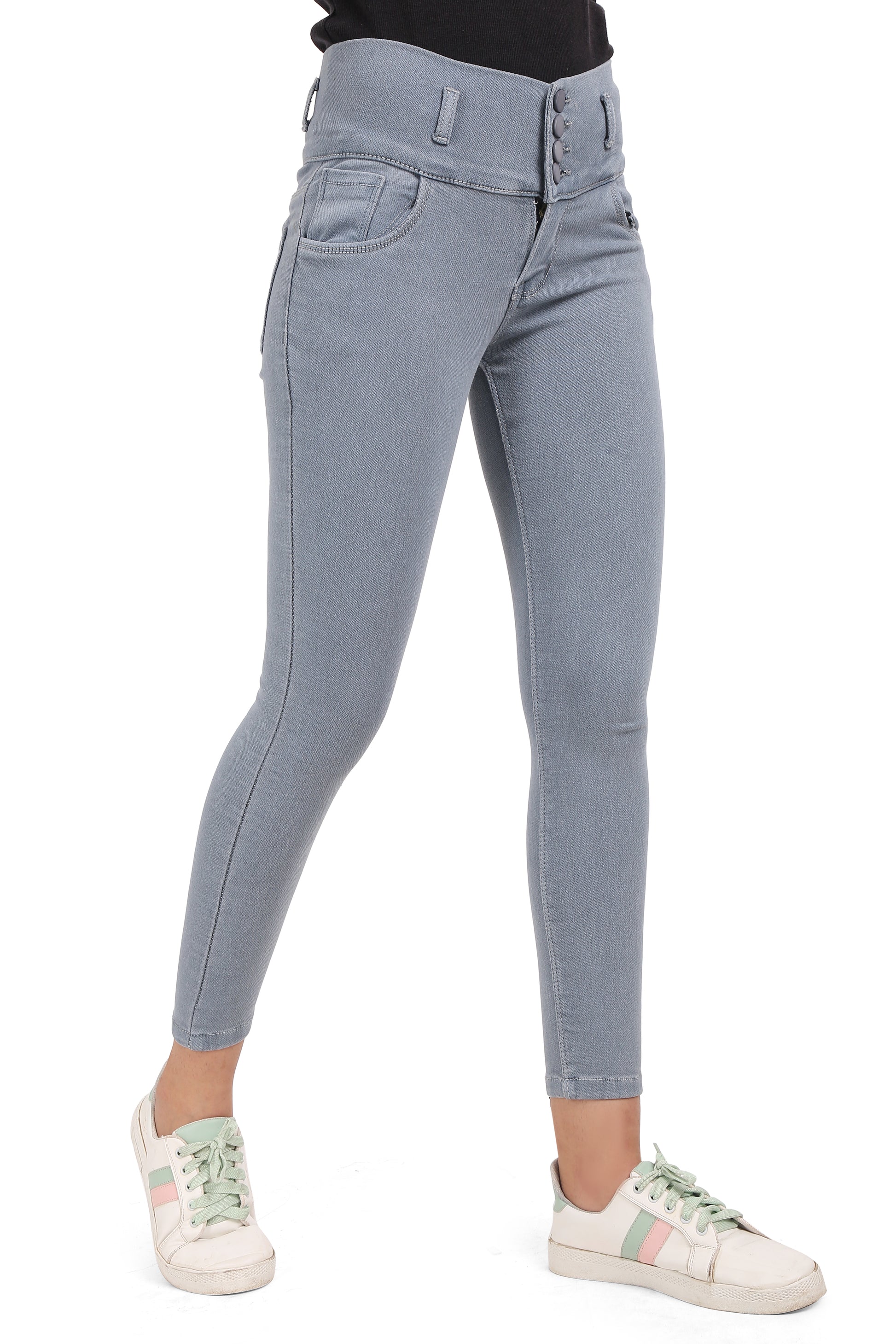 Side view of Cefalu®️ Women’s Grey Skinny Jeans, focusing on the coin pocket and mid-rise waist with a four-button closure.