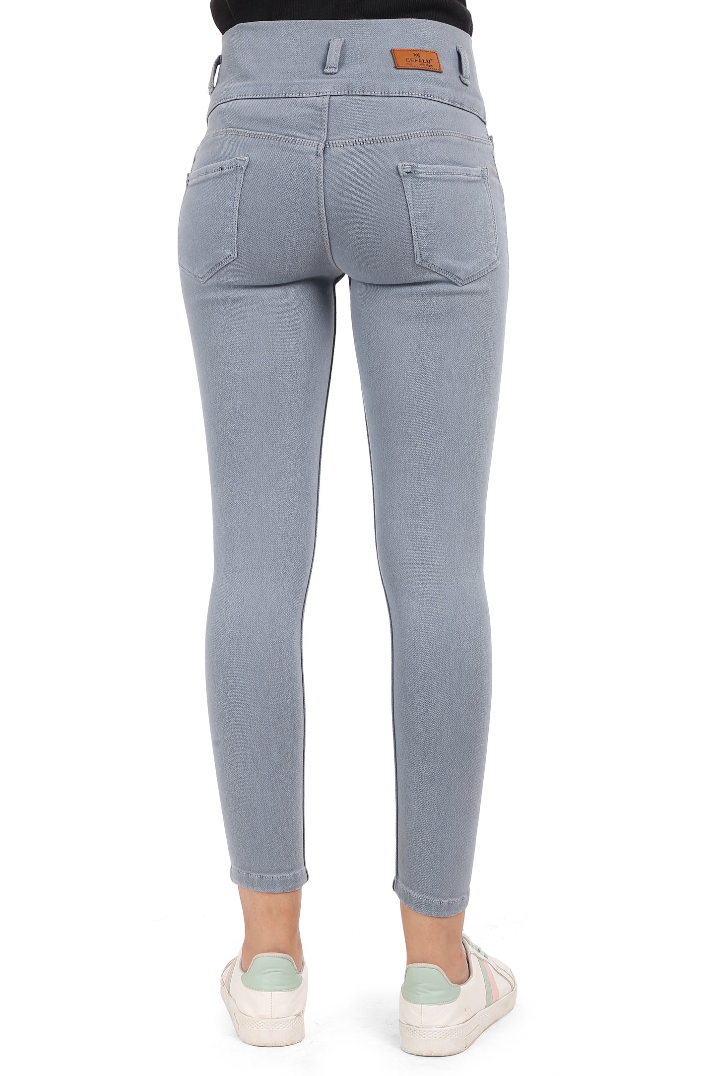 Back view of Cefalu®️ Women’s Grey Skinny Jeans, showing the sleek grey color and practical big belt loops.