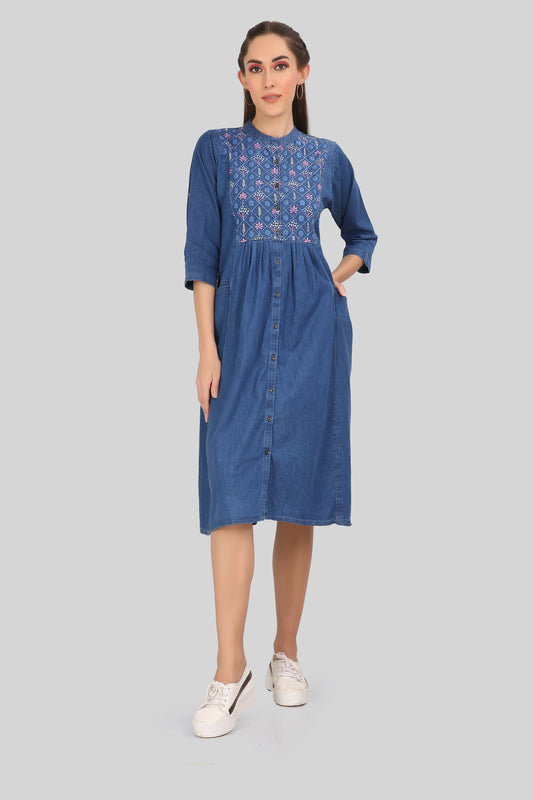 Cefalu Denim A-Line Dress for Women – Trendy Blue Casual Knee-Length Dress with Mandarin Collar and 3/4 Sleeves