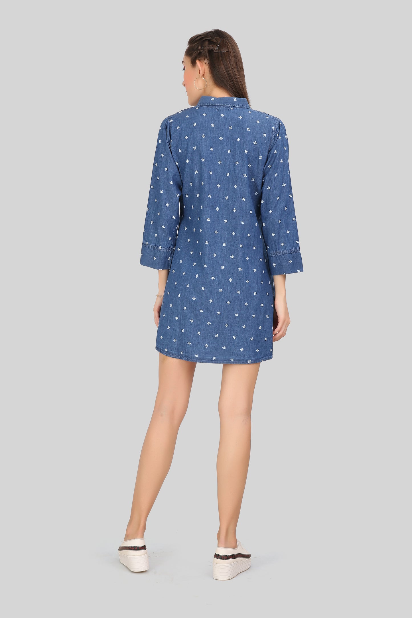 Back View of Cefalu®️ Women’s Blue Printed Denim Shirt Dress with Short Length and Shirt Collar