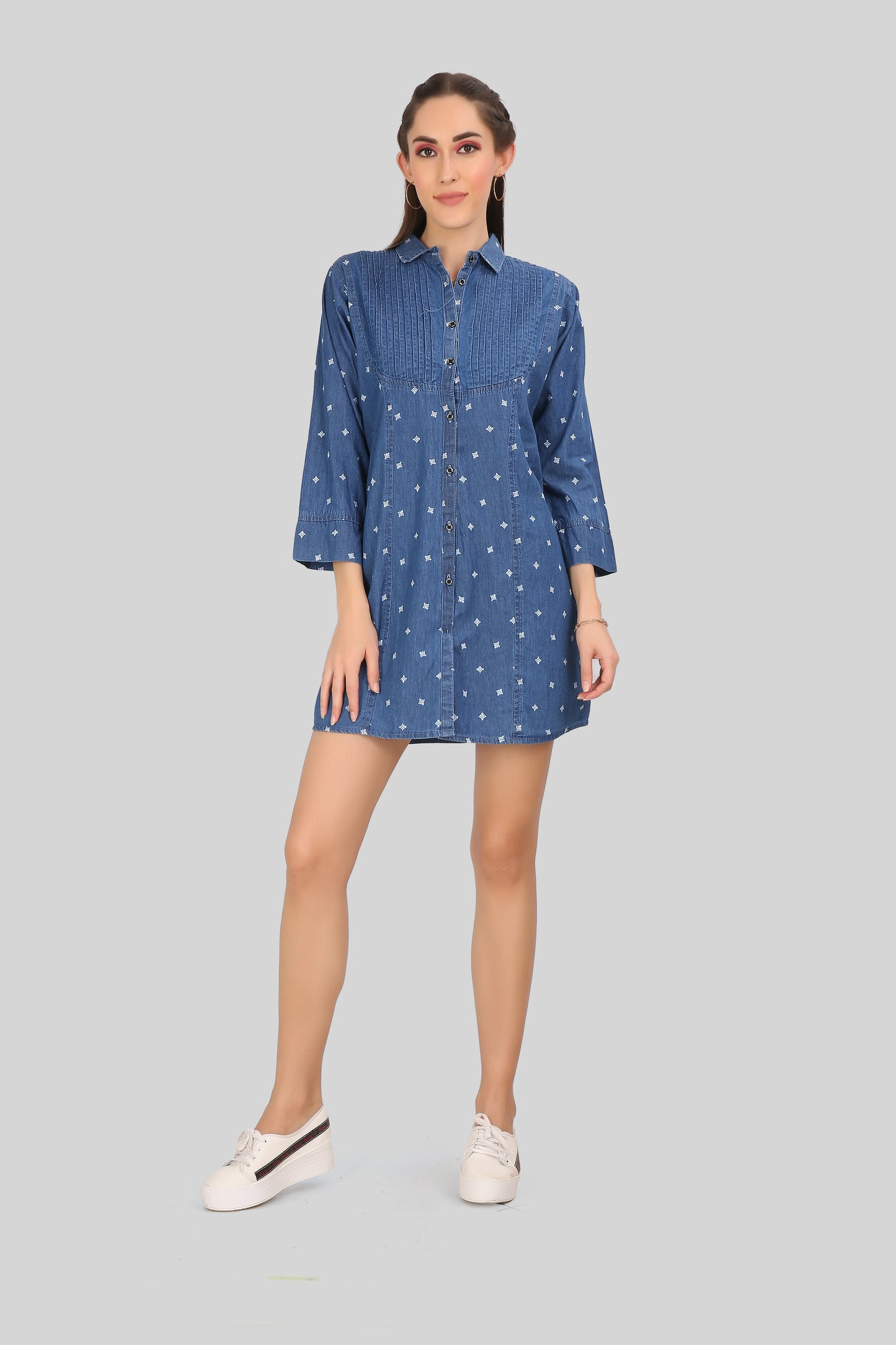 Cefalu®️ Women’s Blue Printed Denim Shirt Dress with A-Line Cut, Shirt Collar, and 3/4 Sleeves