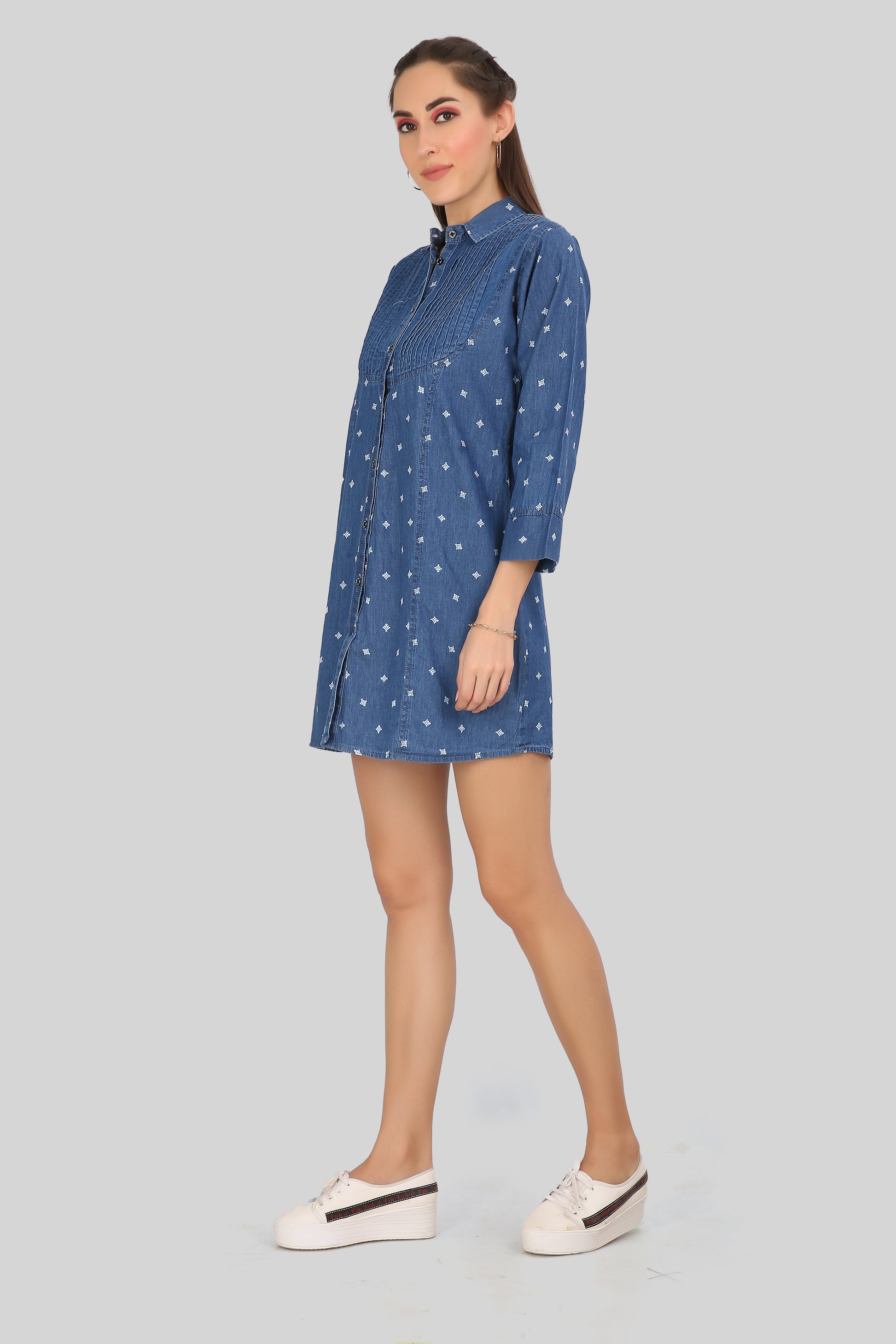 Side View of Cefalu®️ Women’s Blue Printed Denim Shirt Dress, Featuring Short Length and A-Line Design