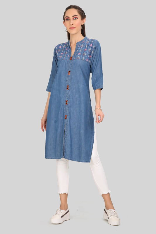 Cefalu Women’s Blue Denim Kurti with Embroidery, Knee Length, and Mandarin Neck – Full-Length View