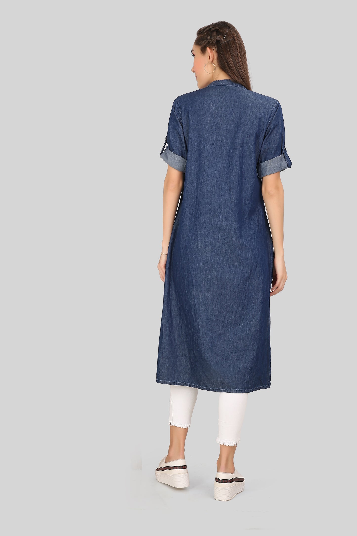 Back view of Cefalu Women’s Dark Blue Denim Kurti, showcasing the smooth design and overall fit.