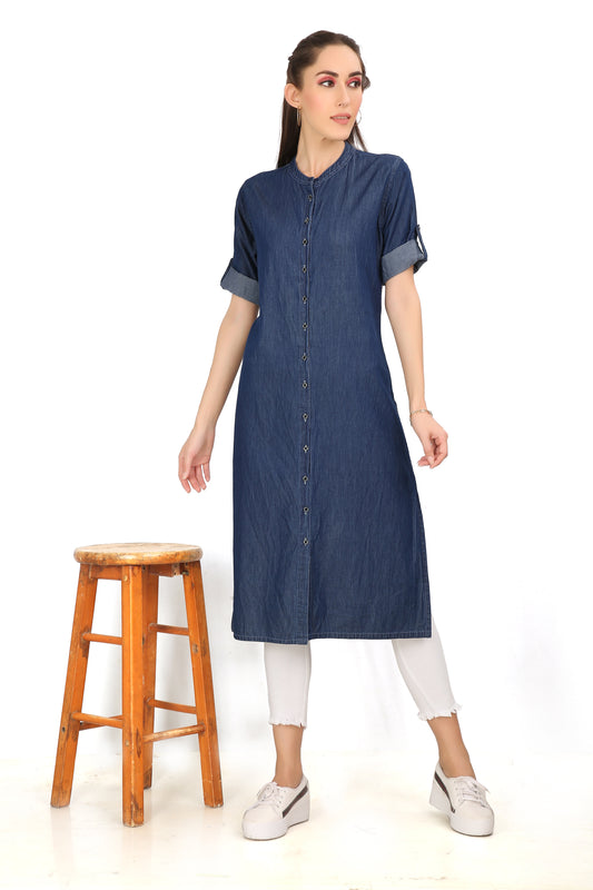 Full front view of Cefalu Women’s Dark Blue Denim Kurti, showing the sleek design, straight fit, and stylish front slit.