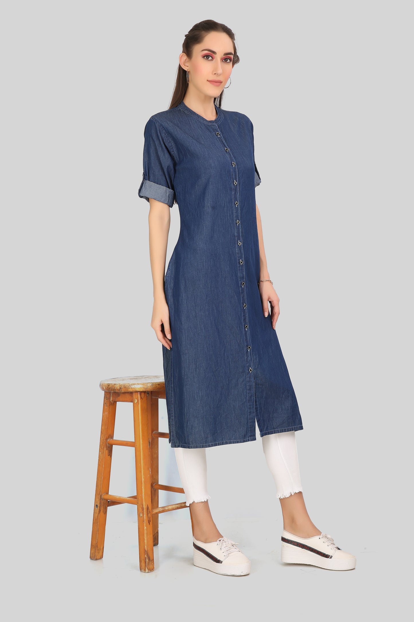 Right side view of Cefalu Women’s Dark Blue Denim Kurti, highlighting the stylish cut and side design features.