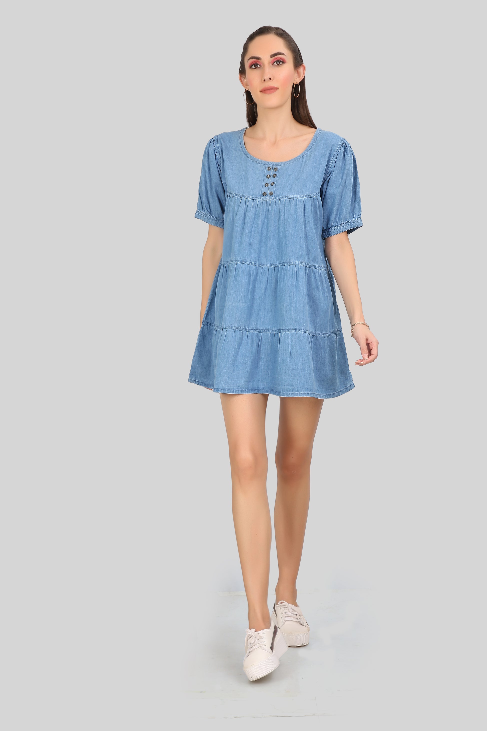 Women’s Tiered Light Blue Denim Dress - Full front view showing midi length, puff sleeves, and round neck.