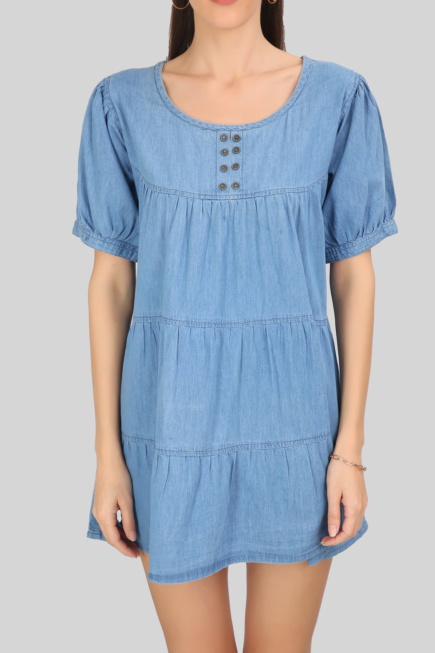 Close-up of puff sleeves on Women’s Light Blue Denim Dress.