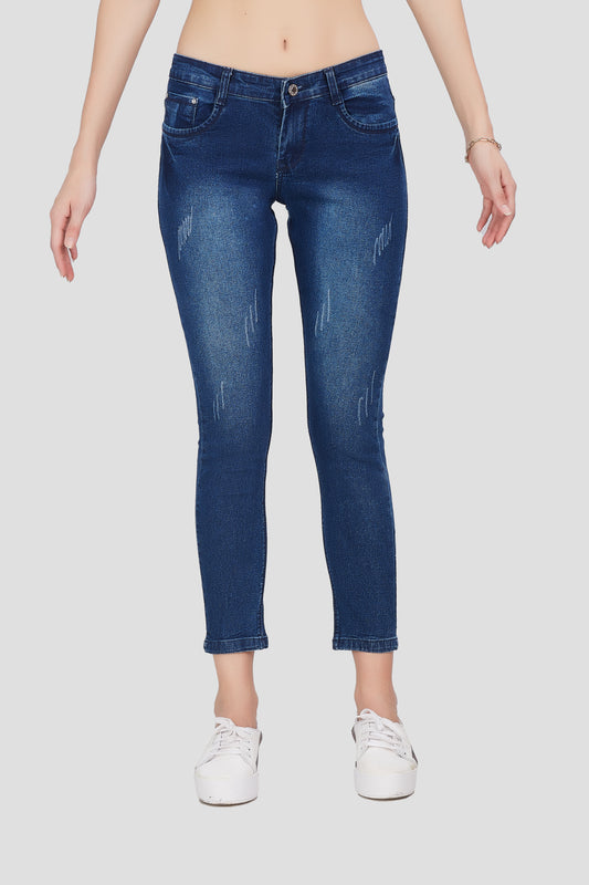 Front view of Cefalu®️ Women’s Mid Blue Skinny Fit Jeans, highlighting the cat scratch pattern and slim silhouette.