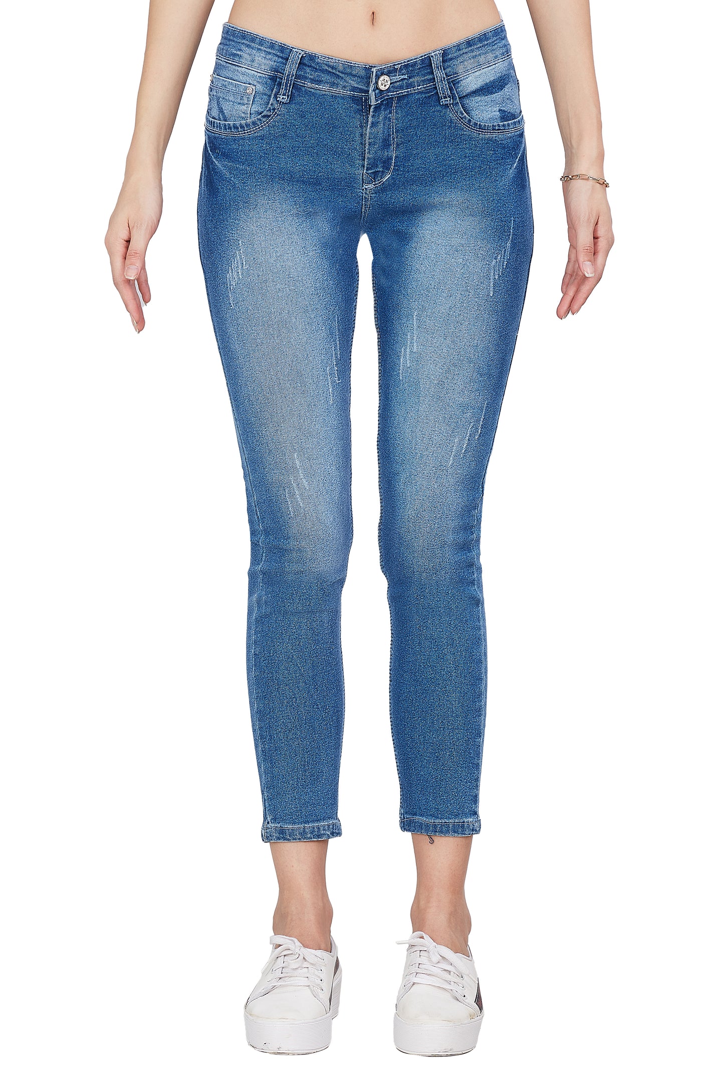 Front view of Cefalu®️ Women’s Light Blue Slim Fit Jeans, showcasing the cat scratch pattern and slim fit.