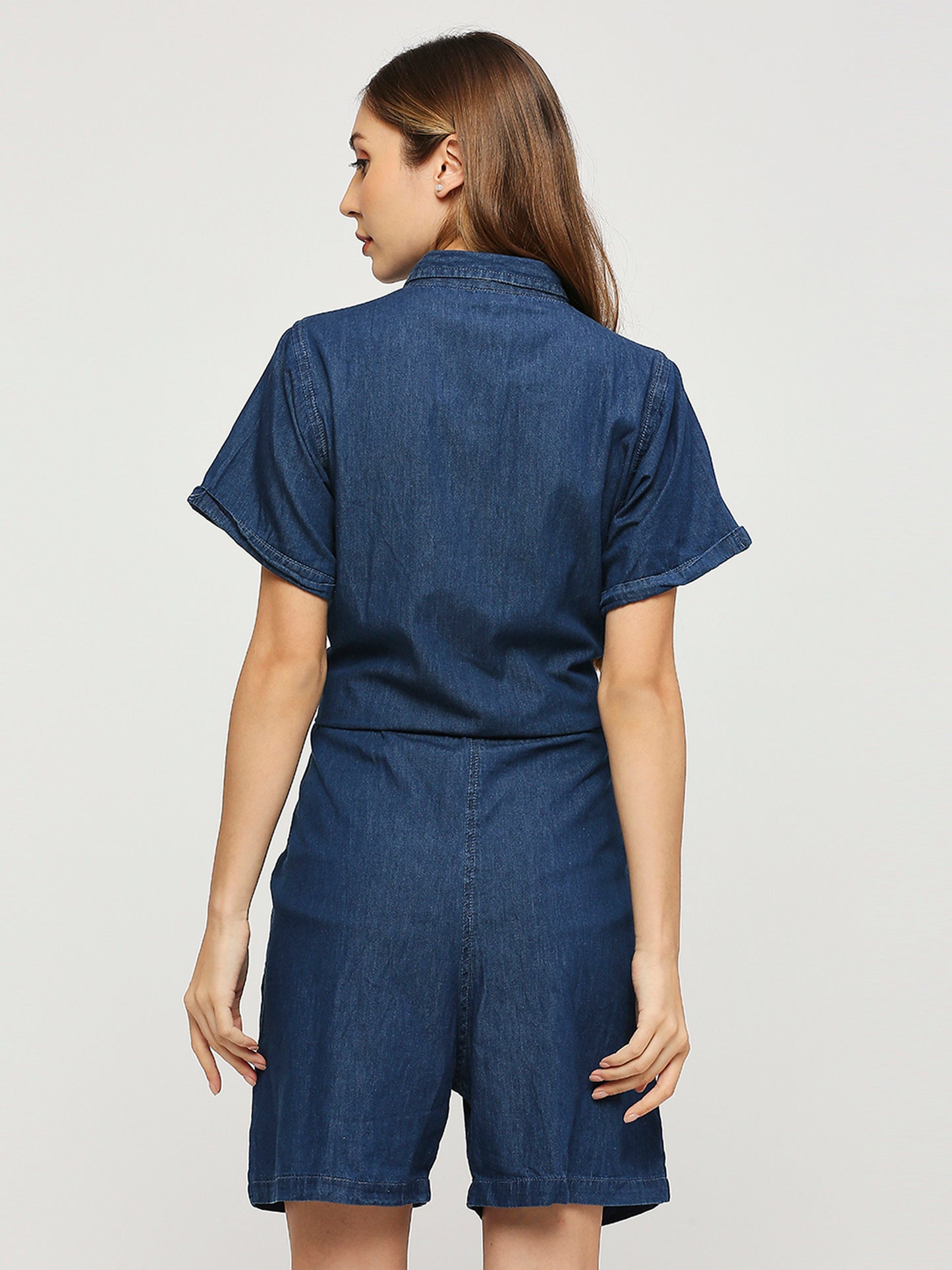 Cefalu®️ BLUE Denim half jumpsuit shorts Dress with spread collar for Women