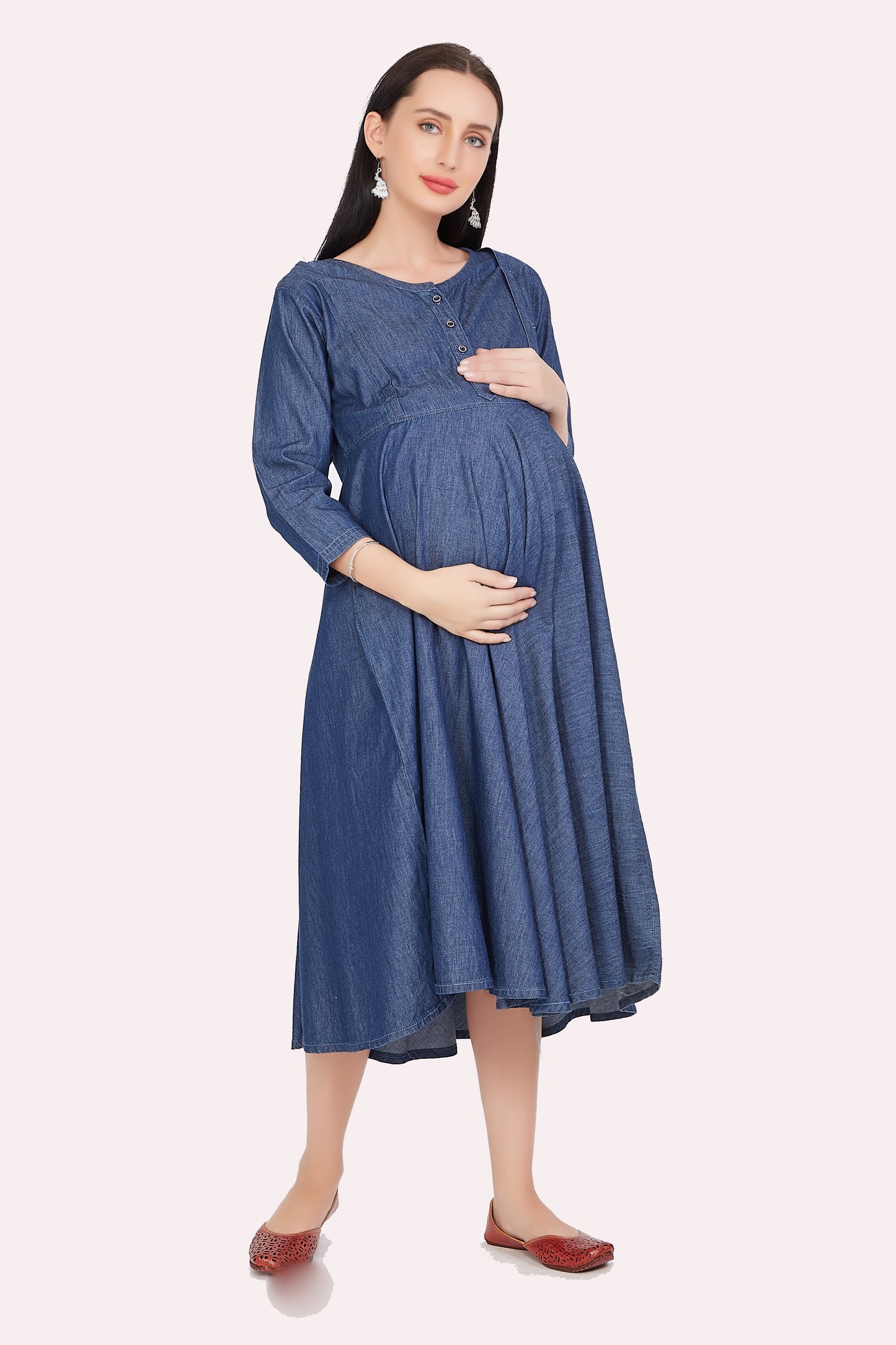 Cefalu®️ Women’s Dark Blue Fit and Flare Maternity Dress with Round Collar and 3/4 Sleeves