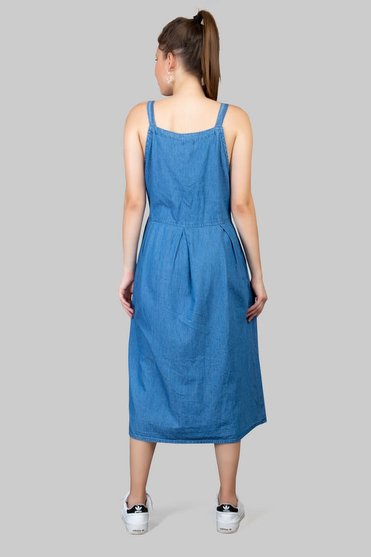 Back View of Cefalu Women's Blue Denim Midi Dress - Sleeveless Fit & Flare Dangri with Adjustable Straps