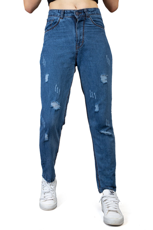 Front view of Cefalu Women’s Blue High-Waist Mom Jeans, featuring a flattering high-rise design, trendy distressed details, and a classic five-pocket style.