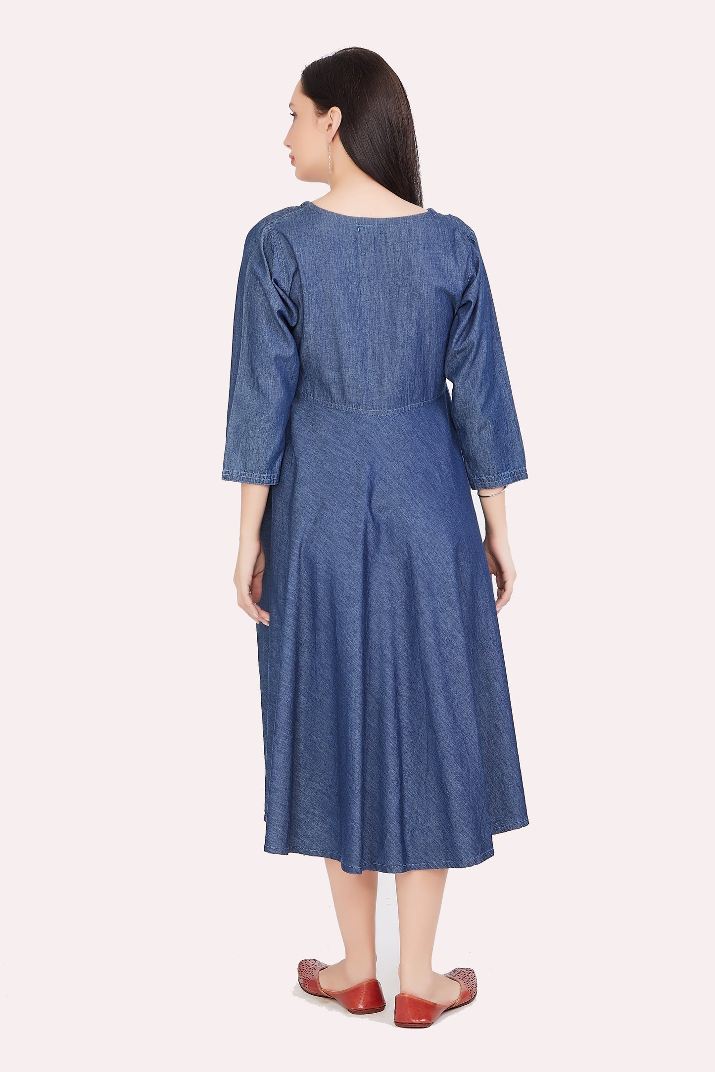 Back View of Cefalu®️ Women’s Dark Blue Maternity Dress with Fit and Flare Design