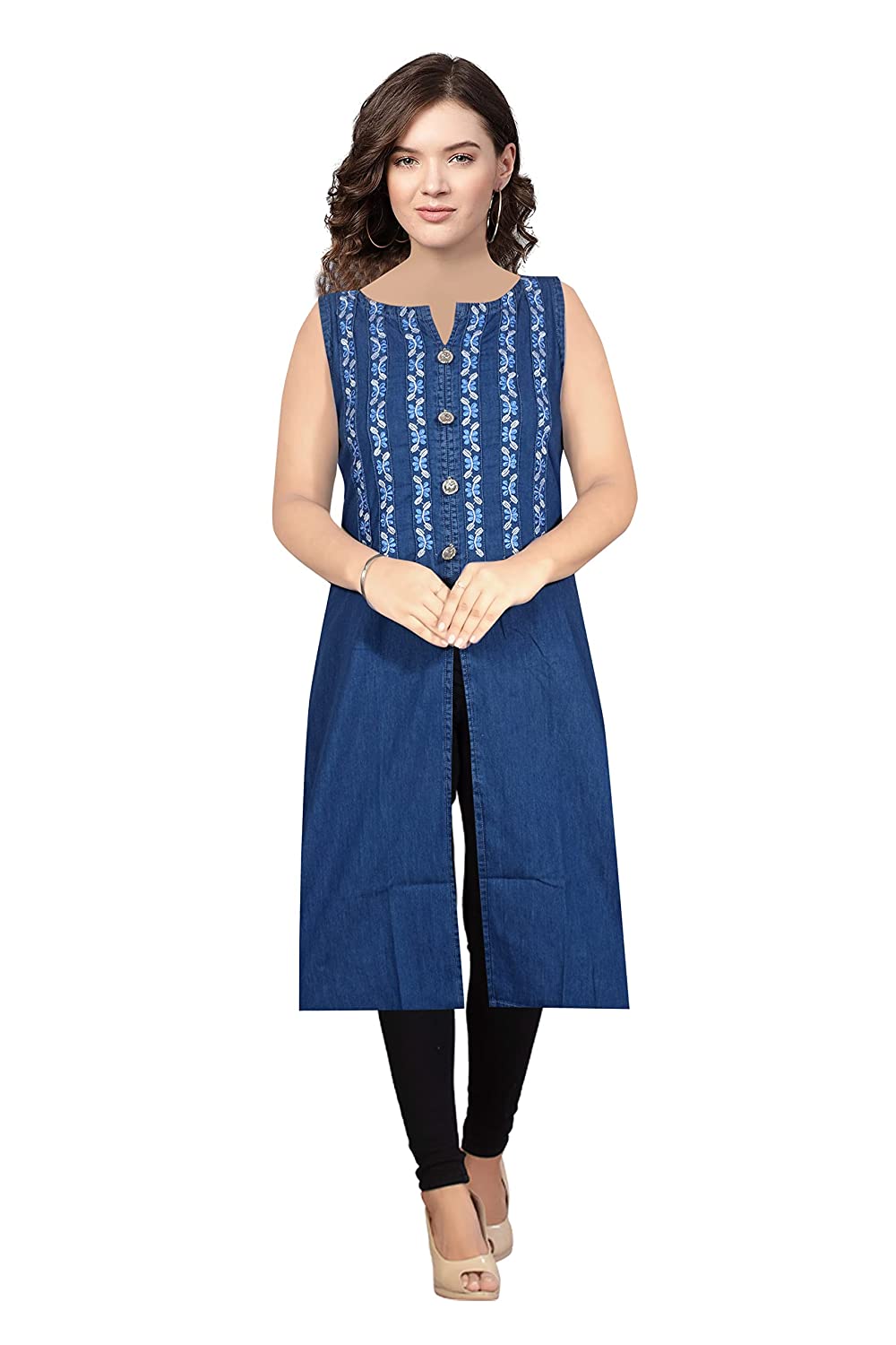 Cefalu®️ Women’s Embroidered Denim Kurti in Blue with V-neck and Sleeveless Design