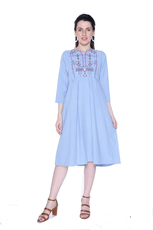 Cefalu Women Embroidered Cotton Blend Flared Blue Kurti