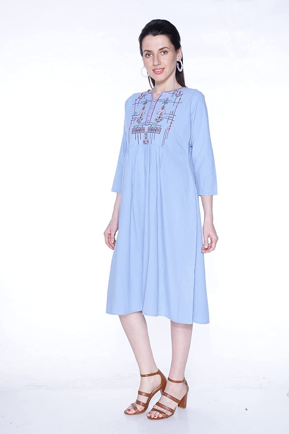 Cefalu Women Embroidered Cotton Blend Flared Blue Kurti