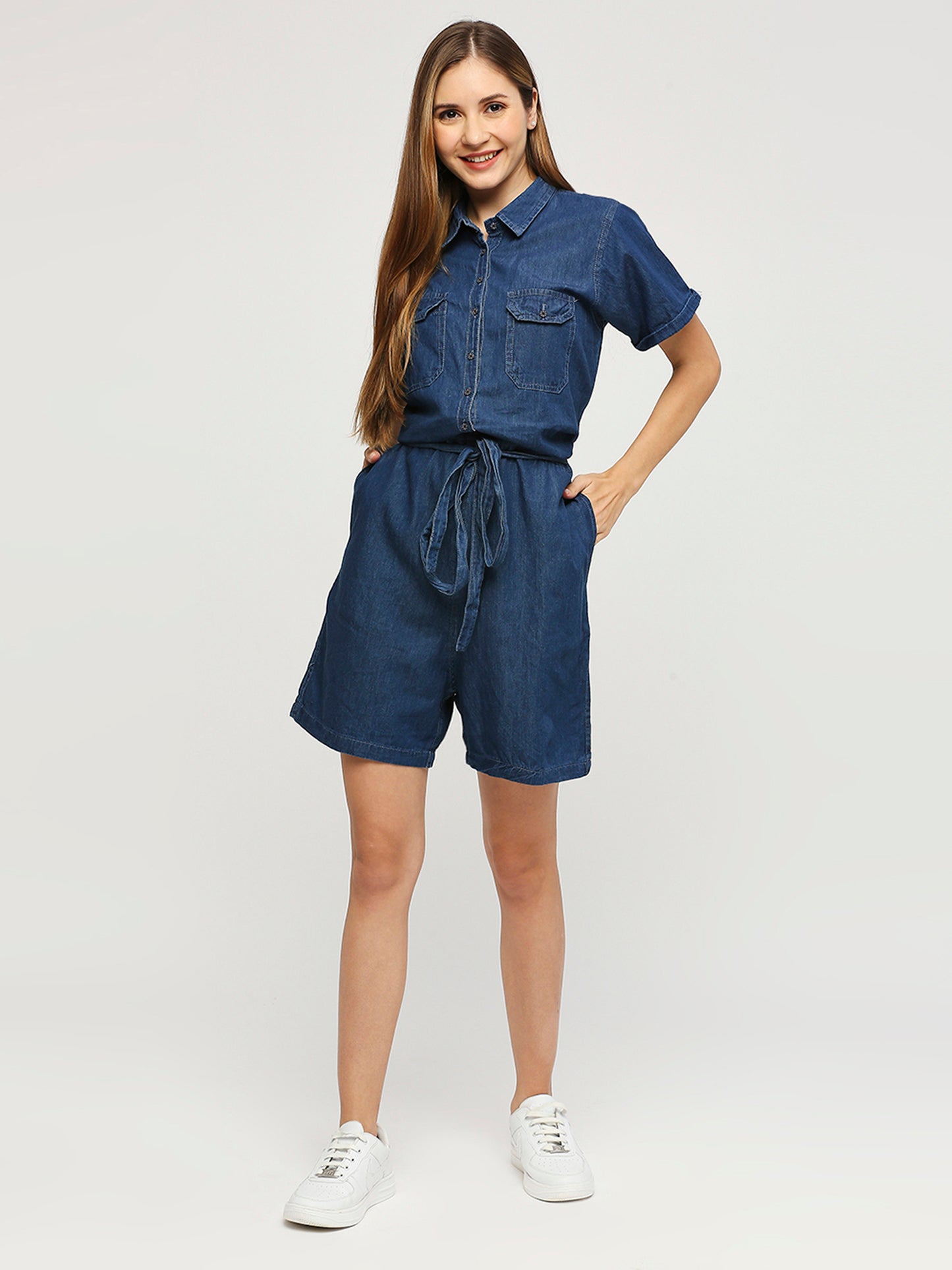 Cefalu®️ BLUE Denim half jumpsuit shorts Dress with spread collar for Women