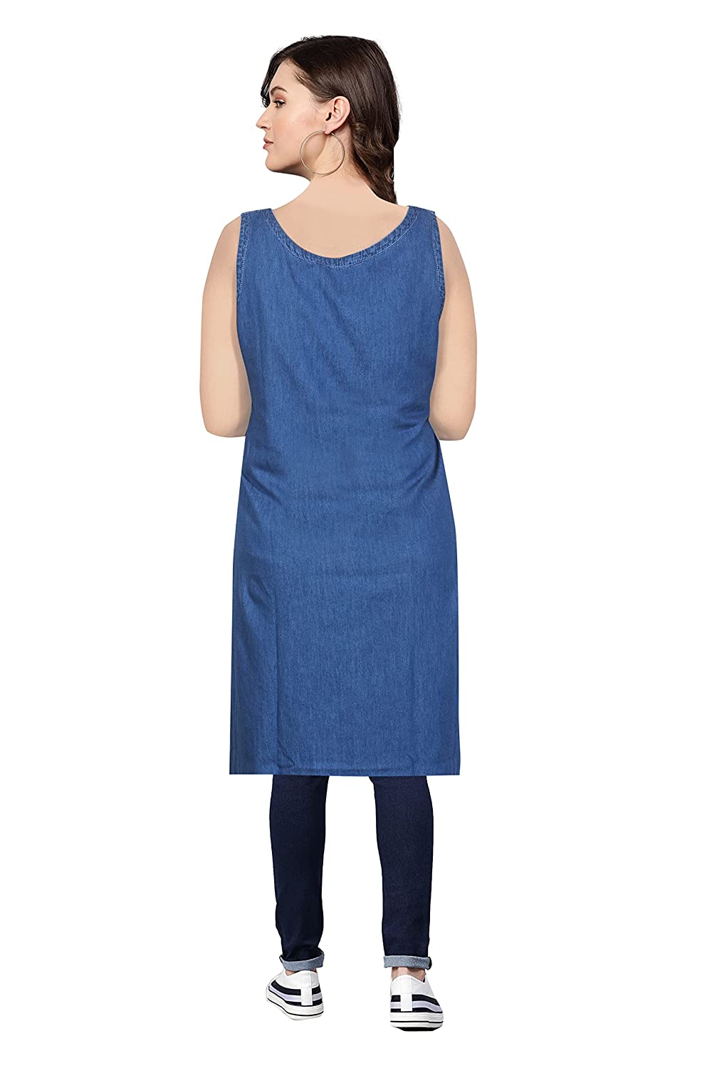 back view of Cefalu®️ Women’s Embroidered Denim Kurti in Blue with fabric and Sleeveless Design