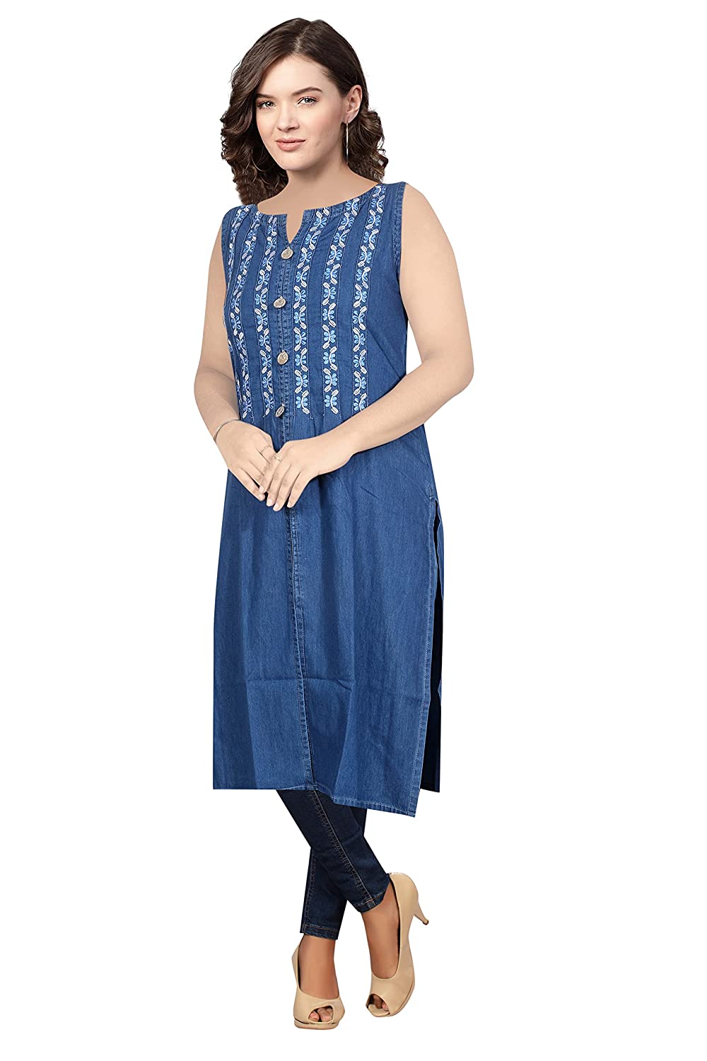 Cefalu®️ Women’s Embroidered Denim Kurti in Blue with Embroidered Design buttons