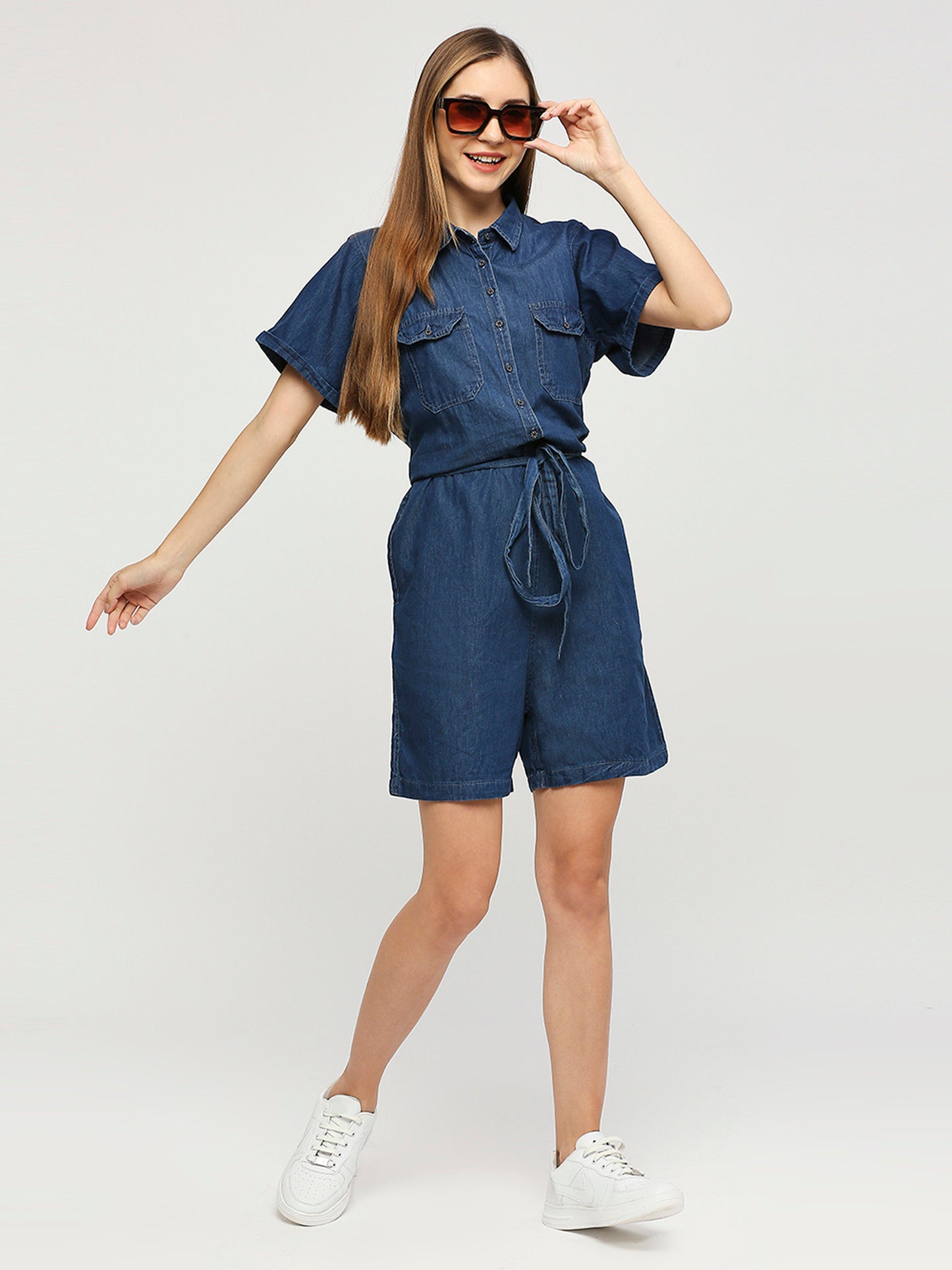 Cefalu®️ BLUE Denim half jumpsuit shorts Dress with spread collar for Women