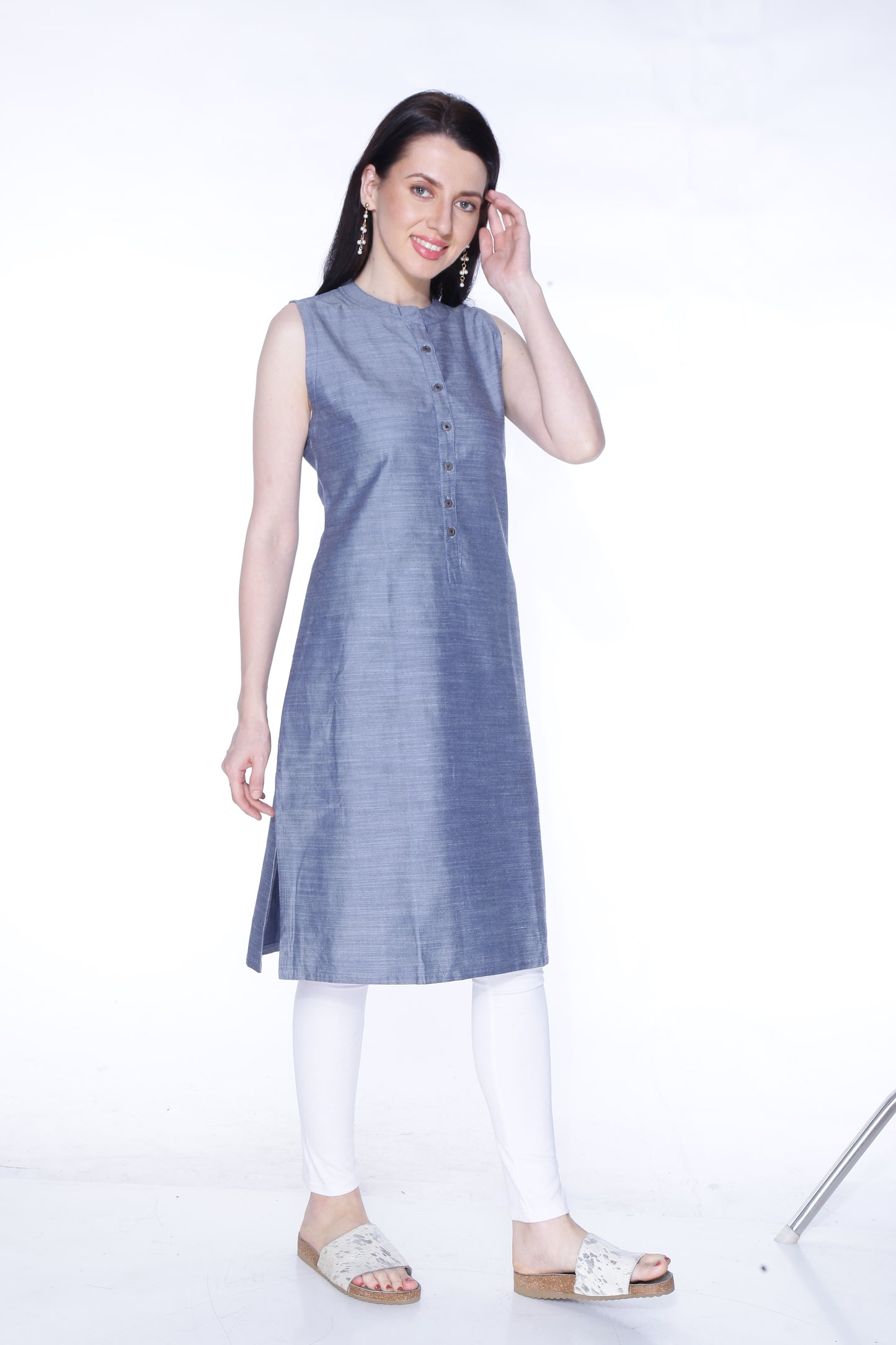 Cefalu Women’s Blue Solid Denim Kurti - Cotton Blend, Sleeveless (Sizes M to XXL)