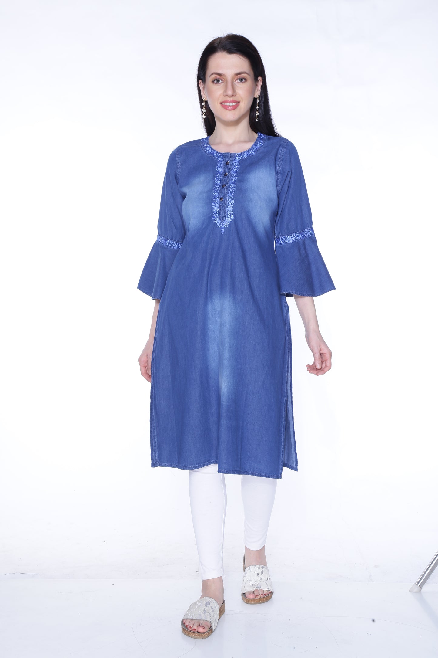 Cefalu Women’s Blue Denim Kurti - Embroidered Cotton Blend (Sizes M to 3XL)