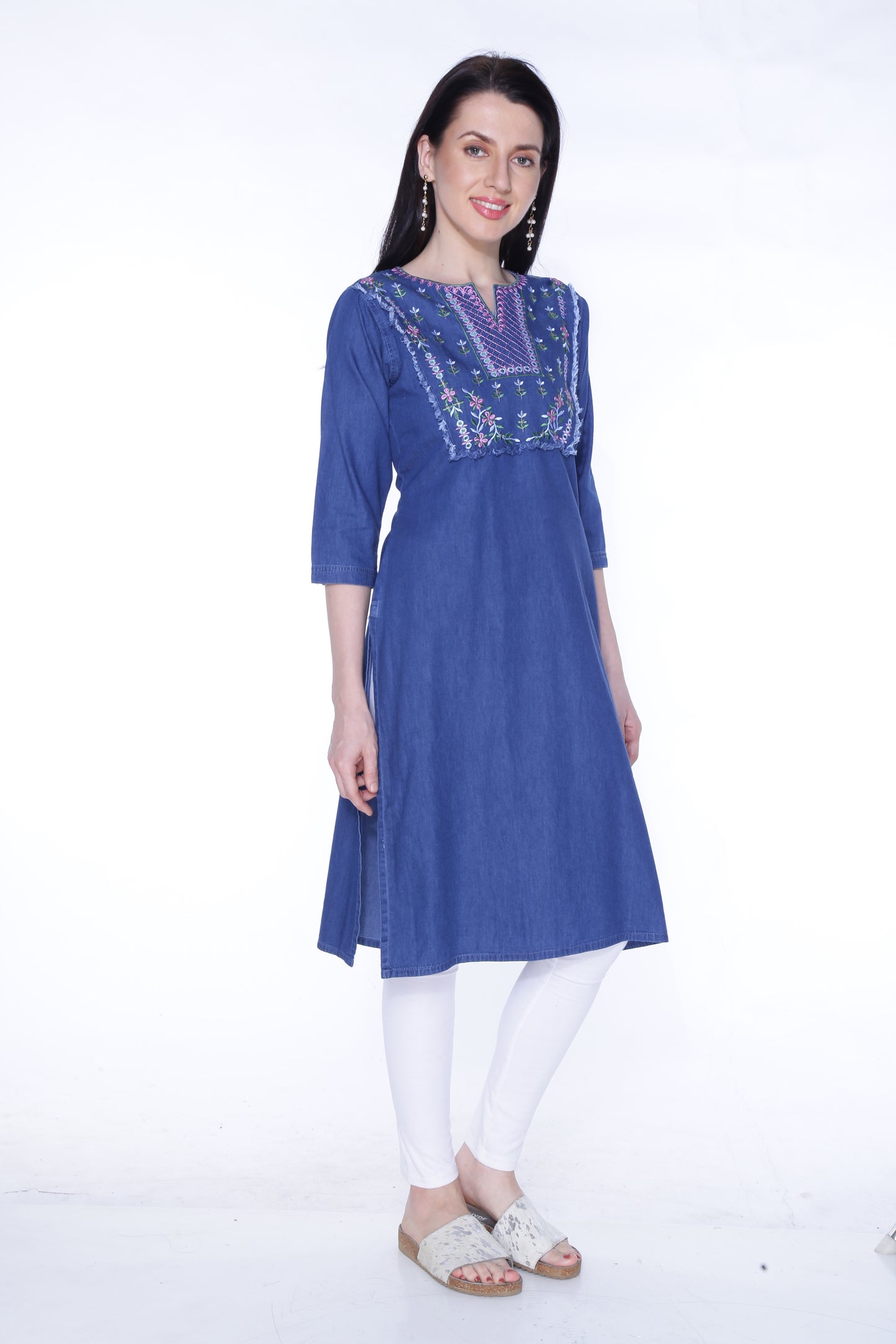 Cefalu Women Straight Cotton Denim Embroidered Kurti