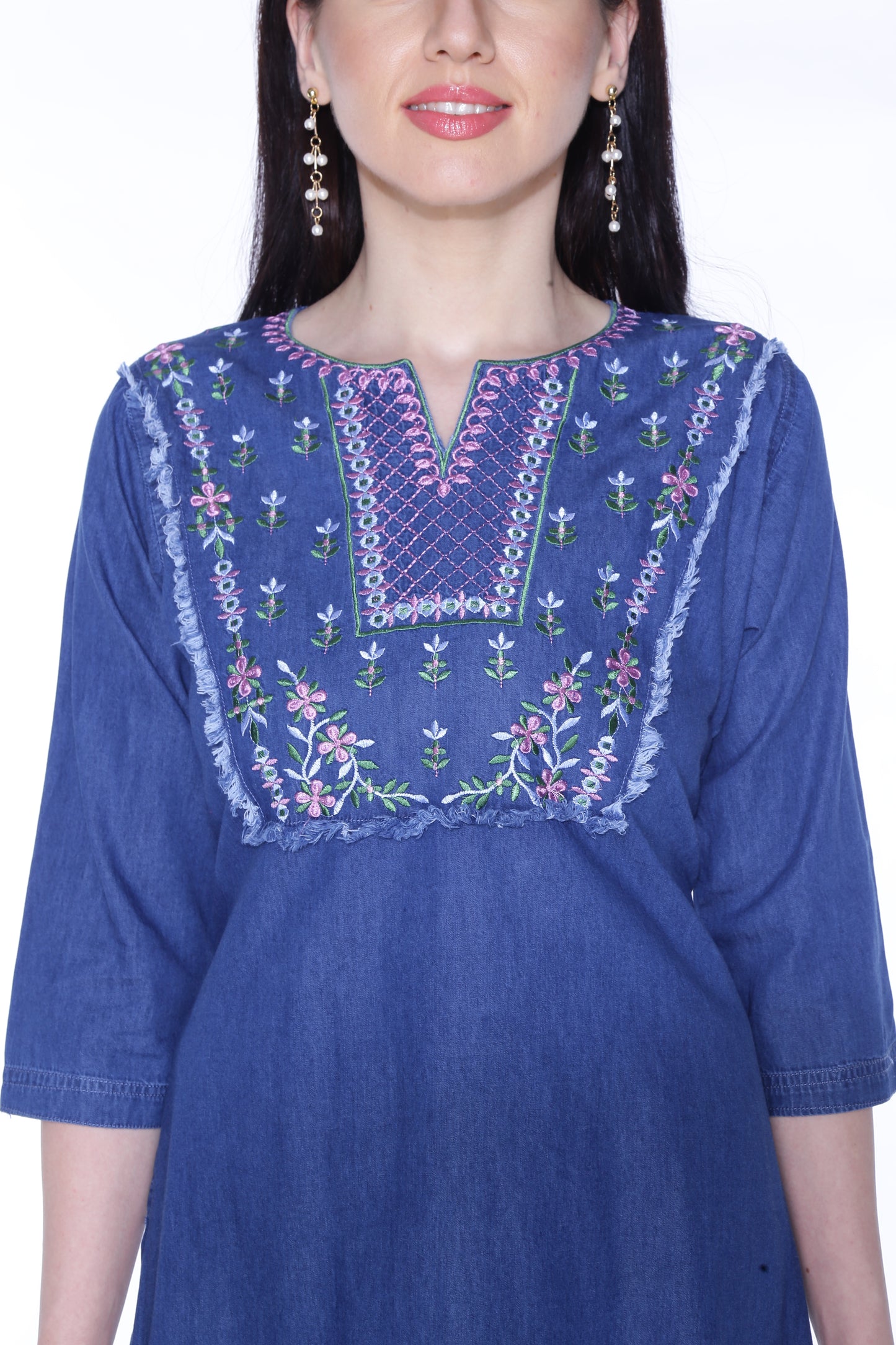 Cefalu Women Straight Cotton Denim Embroidered Kurti