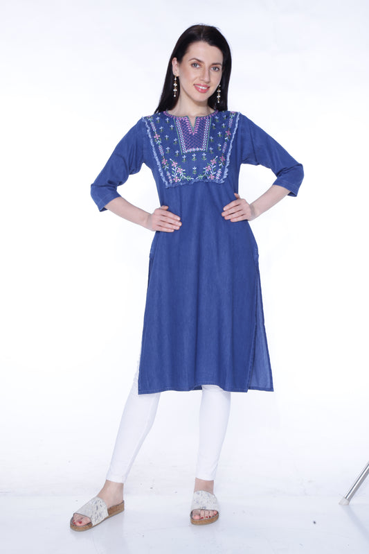 Cefalu Women Straight Cotton Denim Embroidered Kurti