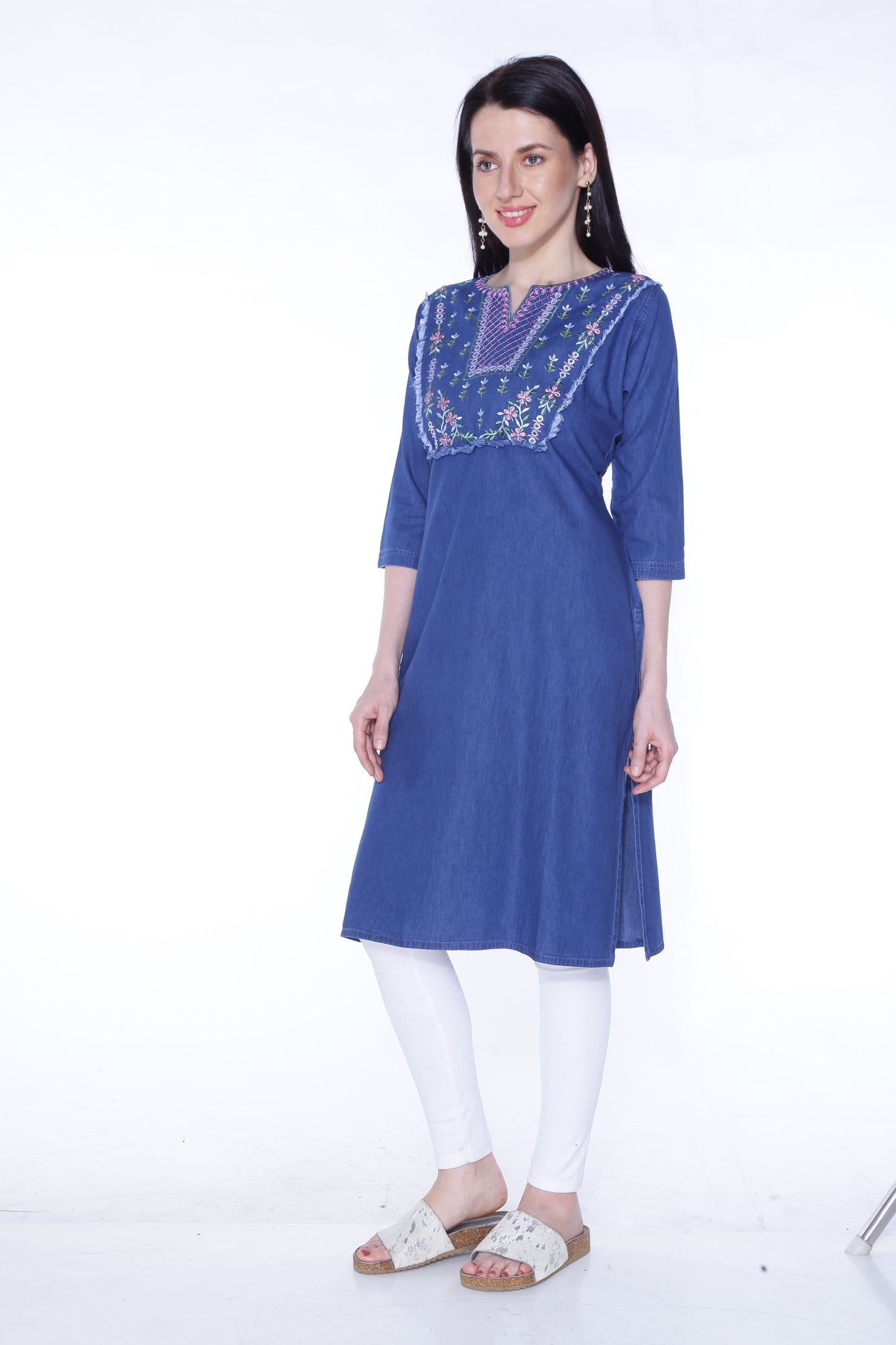 Cefalu Women Straight Cotton Denim Embroidered Kurti