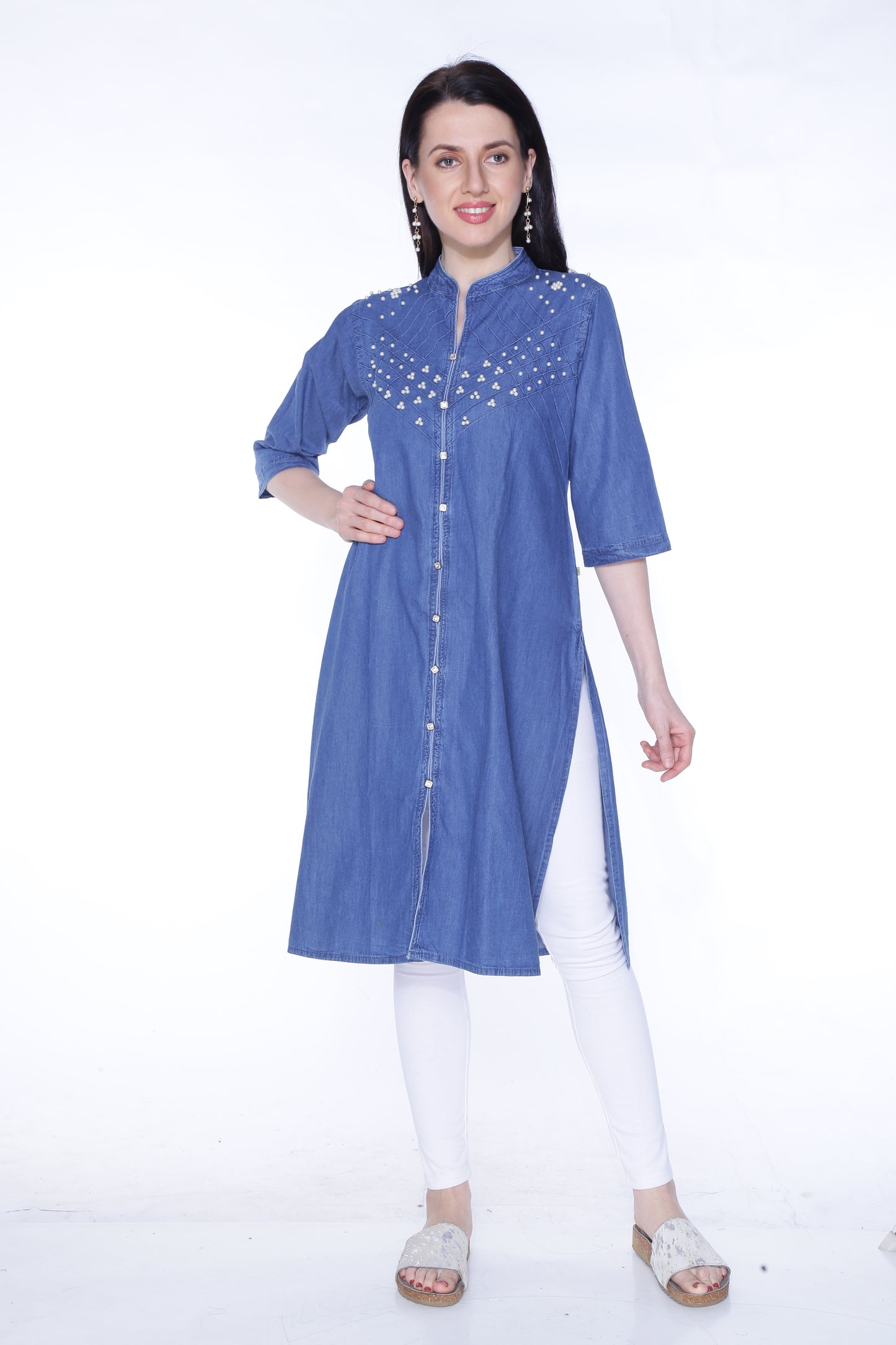 Cefalu Women Self Design Cotton Blend Straight Light Blue Kurti