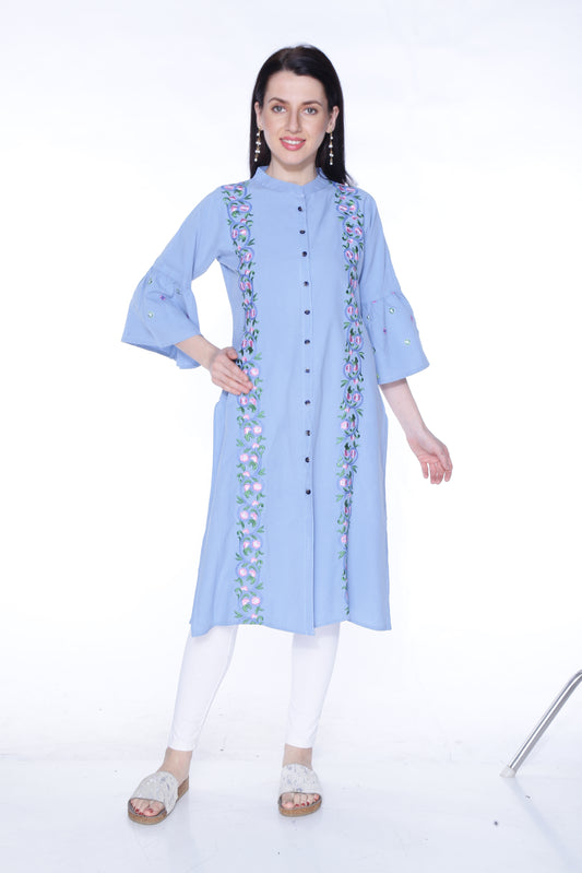 Front view of Cefalu®️ Women's Light Blue Floral Print Denim Kurti, featuring a mandarin neck and 3/4 bell sleeves with embroidery.