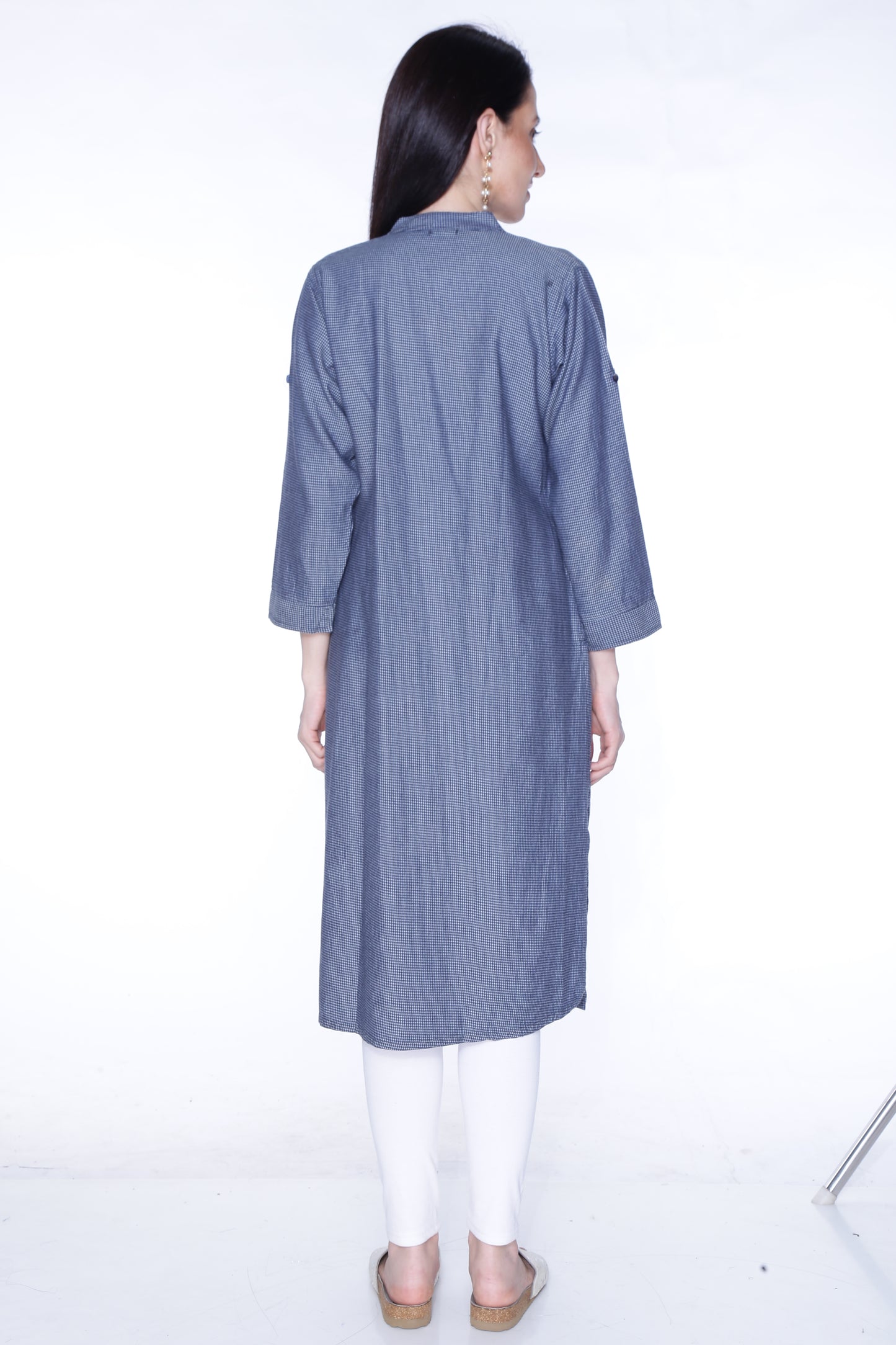 Back view of Cefalu®️ Women's Blue Printed Denim Kurti, showing the knee-length design and straight cut.