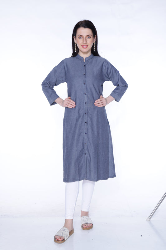 Front view of Cefalu®️ Women's Blue Printed Denim Kurti, featuring a mandarin neck and 3/4 sleeves with intricate embroidery.