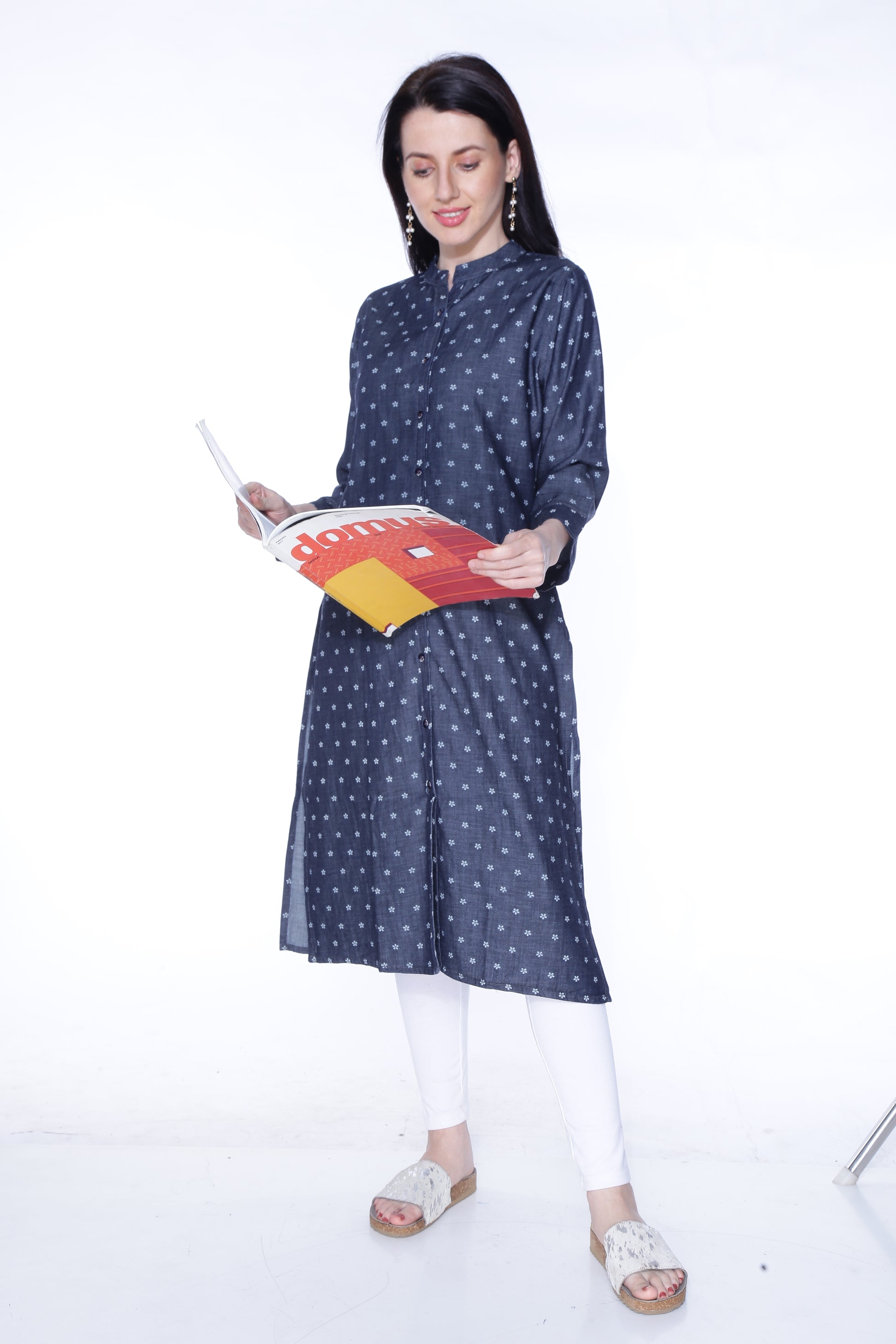 Full model view of Cefalu®️ Women's Blackish Blue Polka Print Denim Kurti, styled to highlight its comfortable and fashionable appearance.