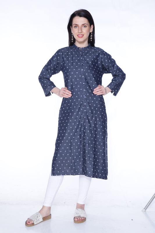 Front view of Cefalu®️ Women's Blackish Blue Polka Print Denim Kurti, featuring a mandarin neck and 3/4 sleeves.