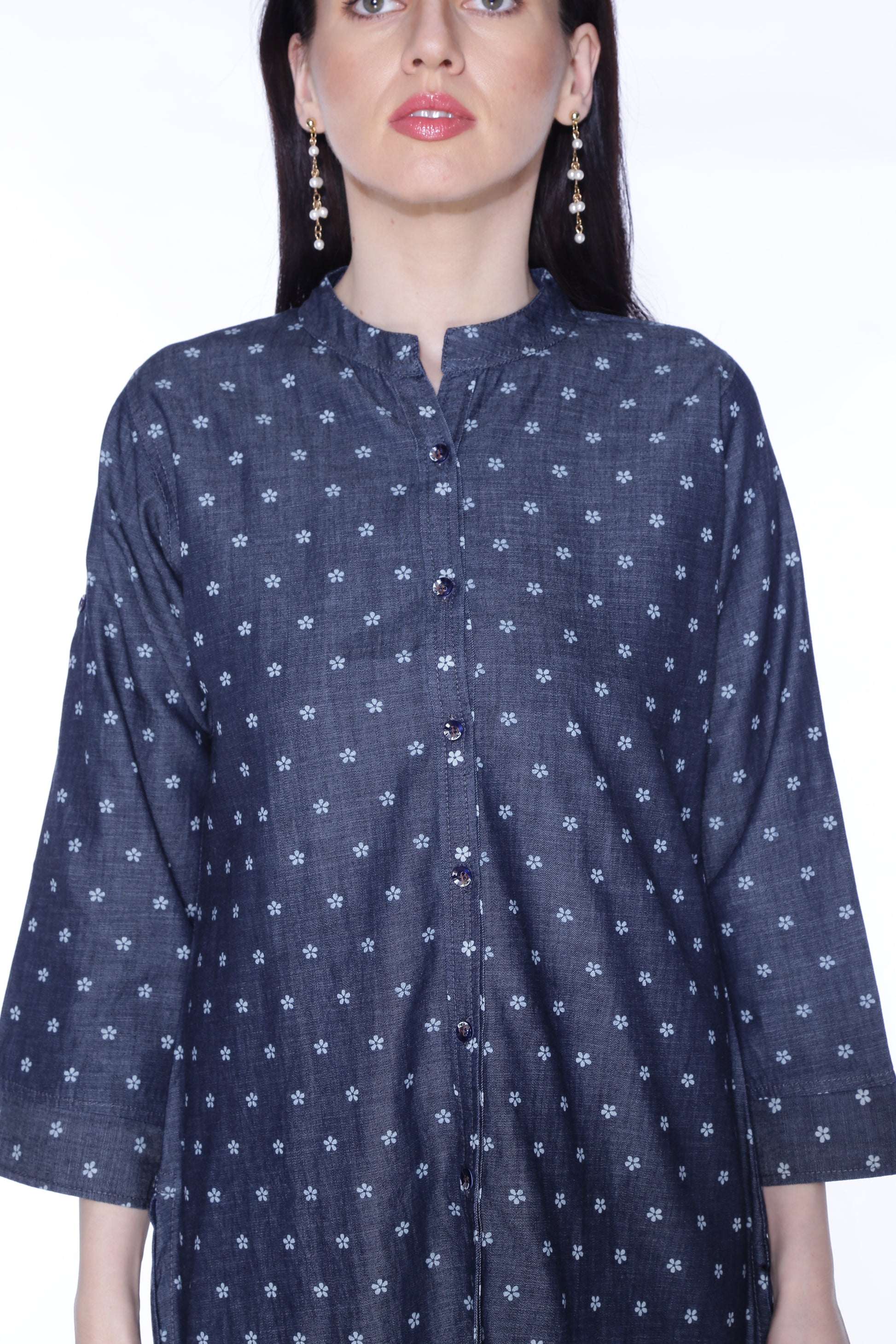 Closeup of Cefalu®️ Women's Blackish Blue Polka Print Denim Kurti, highlighting the polka dot print and soft cotton blend fabric.