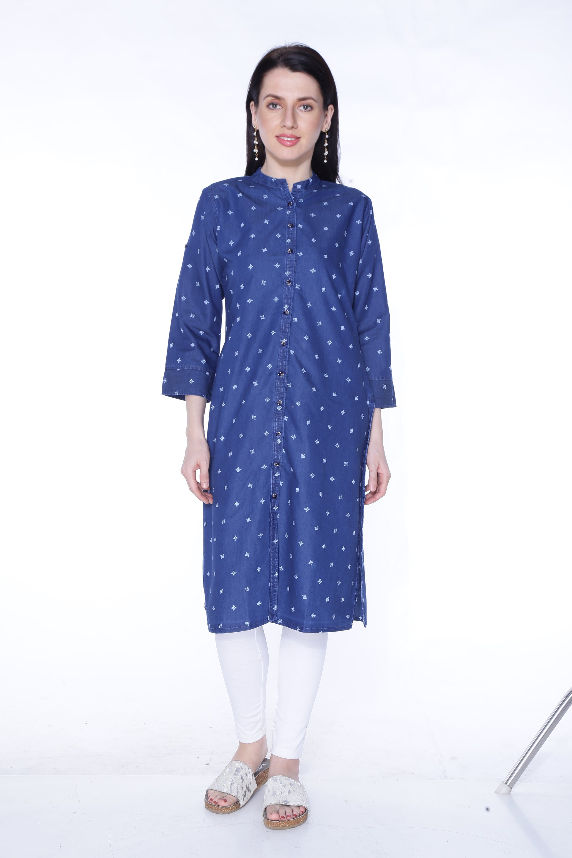 Front view of Cefalu®️ Women's Blue Printed Denim Kurti, highlighting the mandarin collar and 3/4th sleeves.