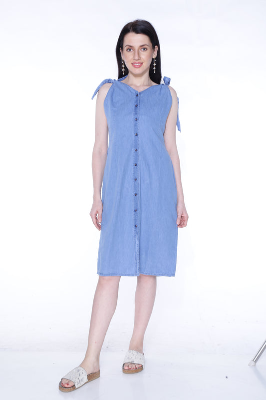 Front view of Cefalu®️ Women's Light Blue Denim Dress, showcasing a mandarin collar, front button closure, and tie-knot sleeves.